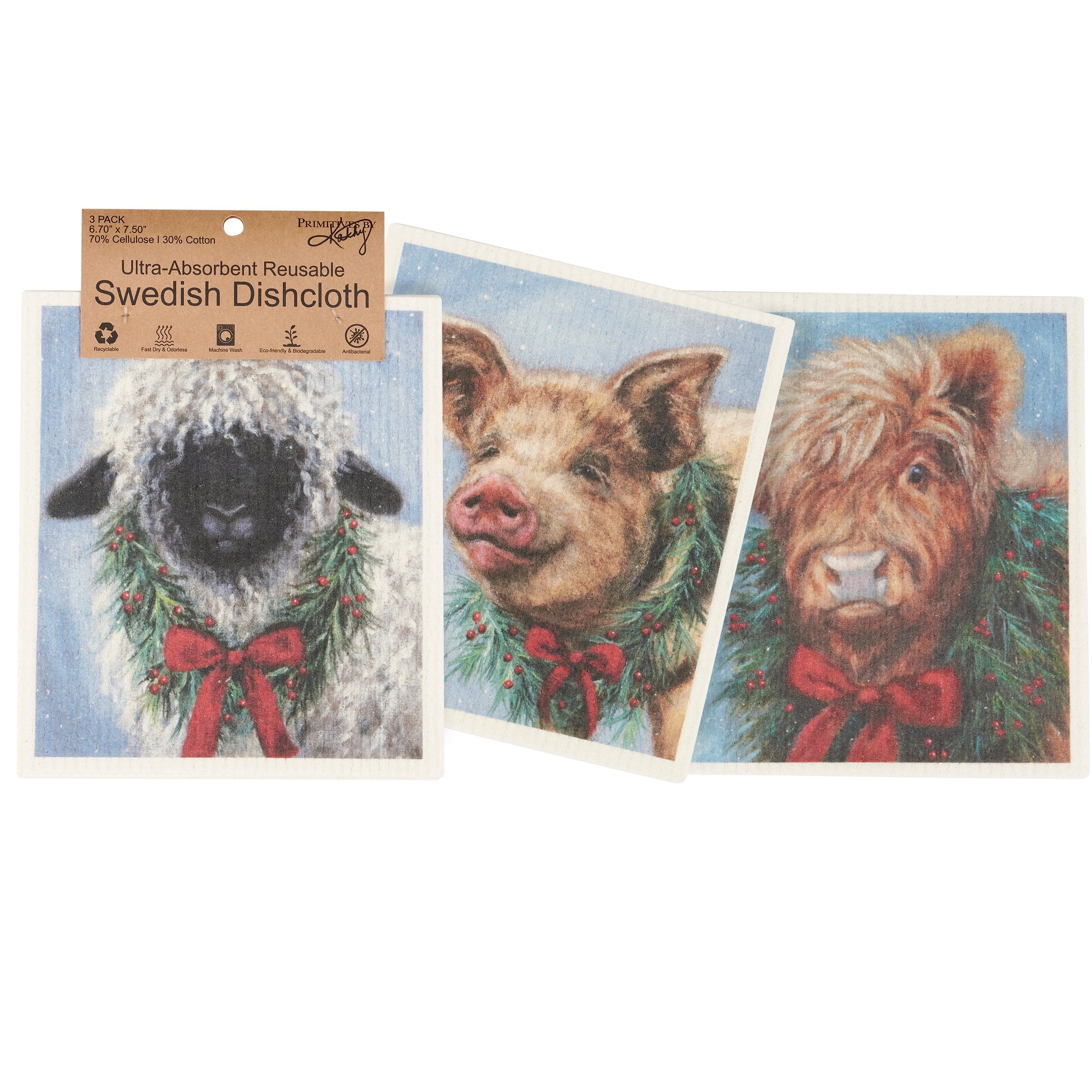 Charming Holiday Farm Animal Swedish Dishcloths - Eco-Friendly 3-Pack