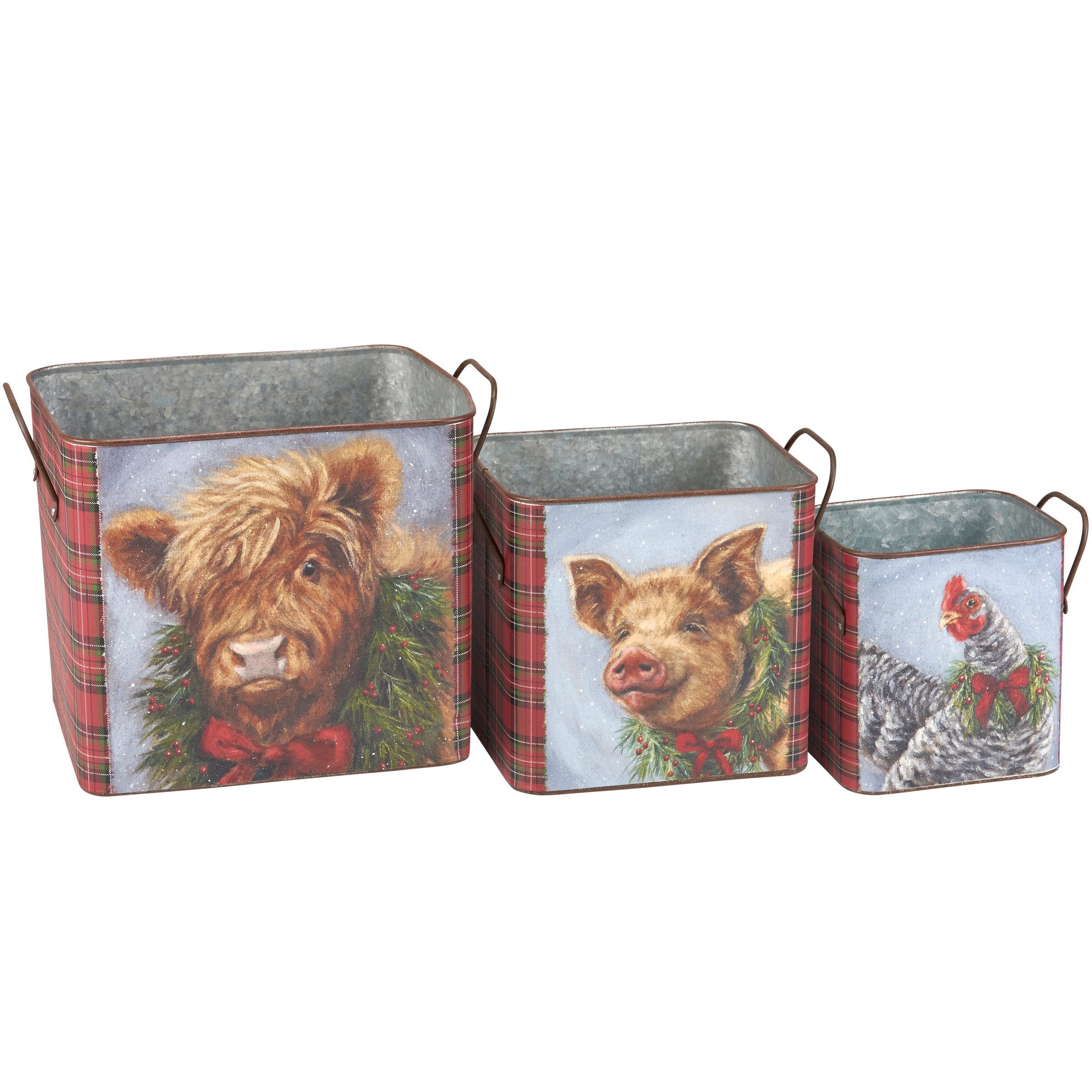 Charming Galvanized Christmas Farm Animal Bins Set - Hand-Painted Holiday Decor