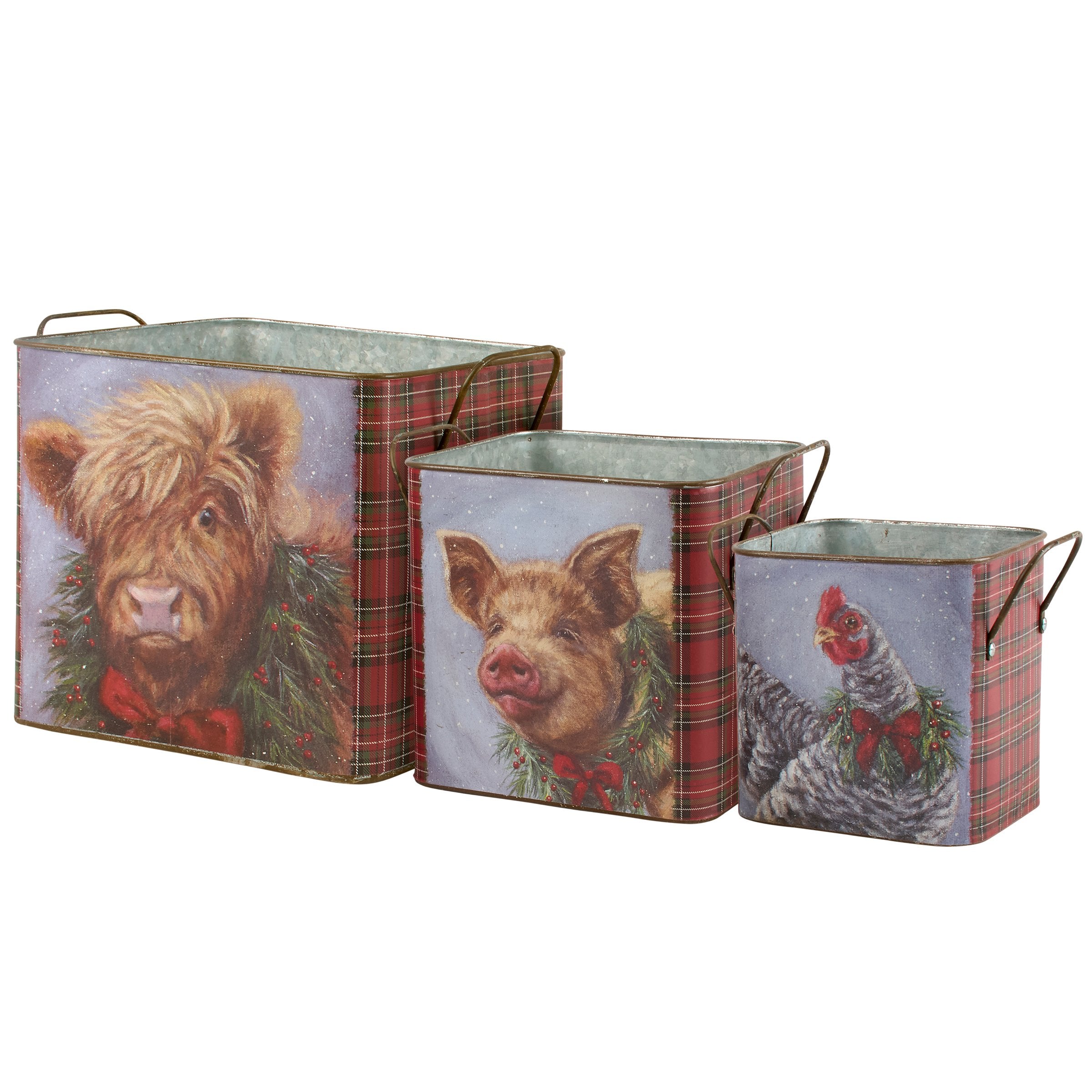 Charming Galvanized Christmas Farm Animal Bins Set - Hand-Painted Holiday Decor