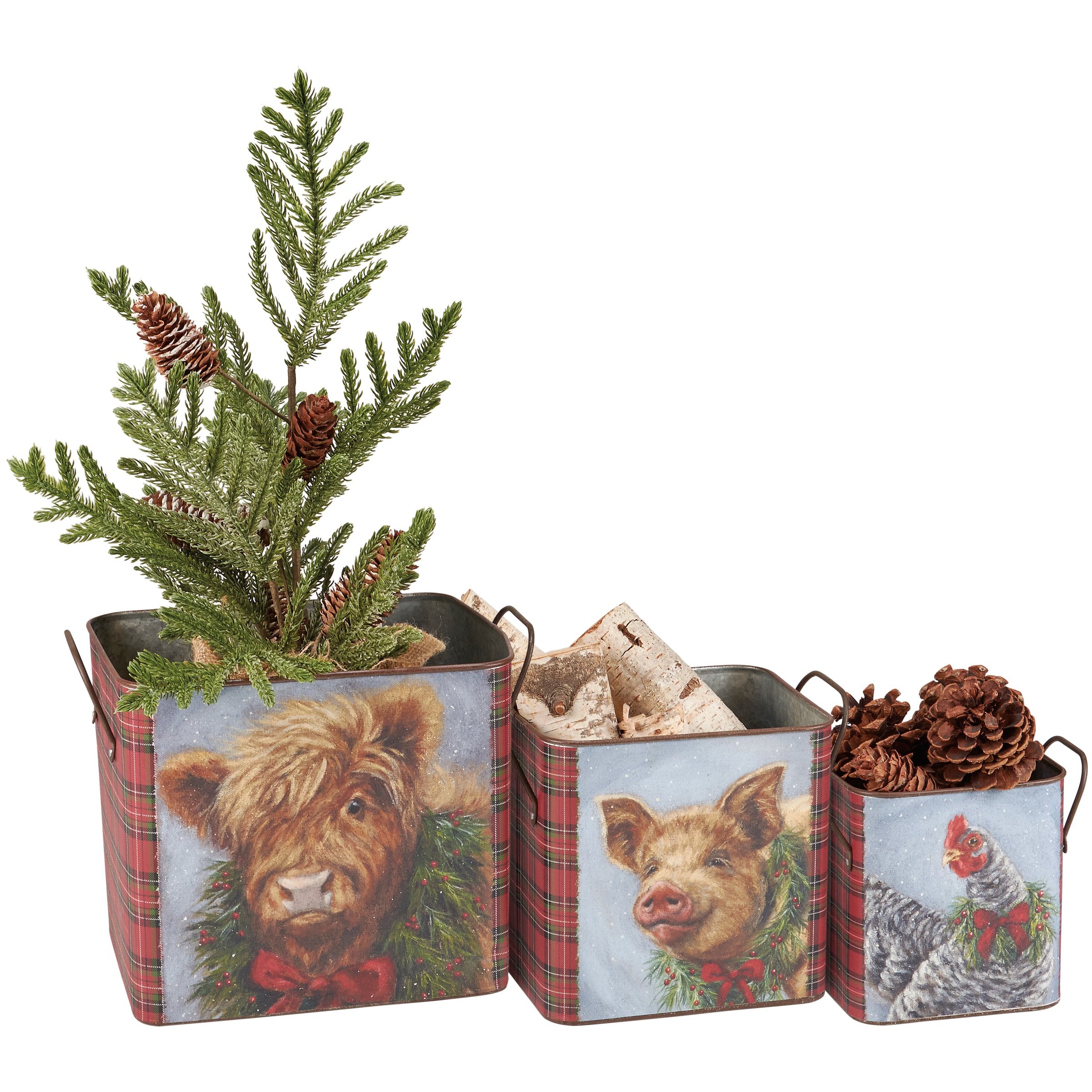 Charming Galvanized Christmas Farm Animal Bins Set - Hand-Painted Holiday Decor