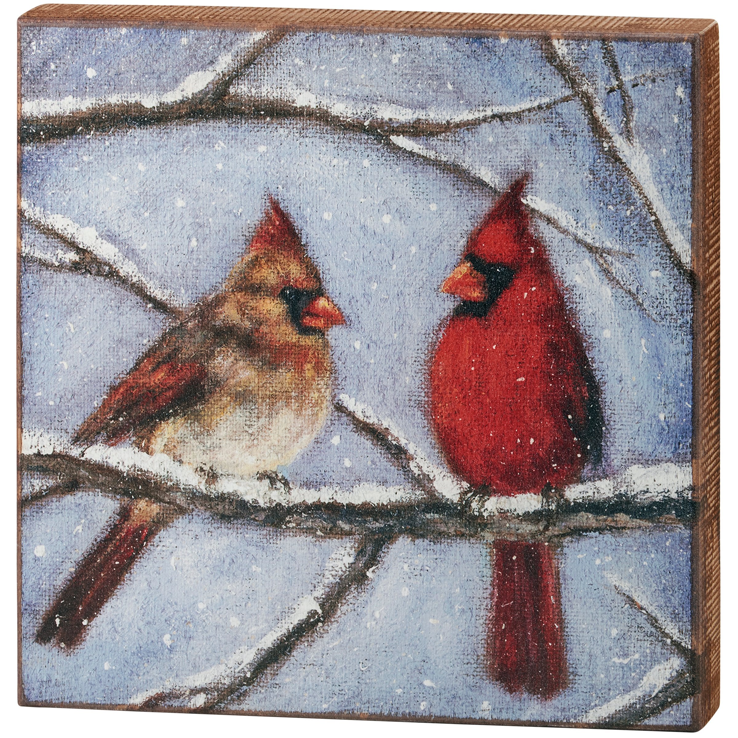 Charming Hand-Painted Cardinal Couple Winter Scene Wooden Box Sign