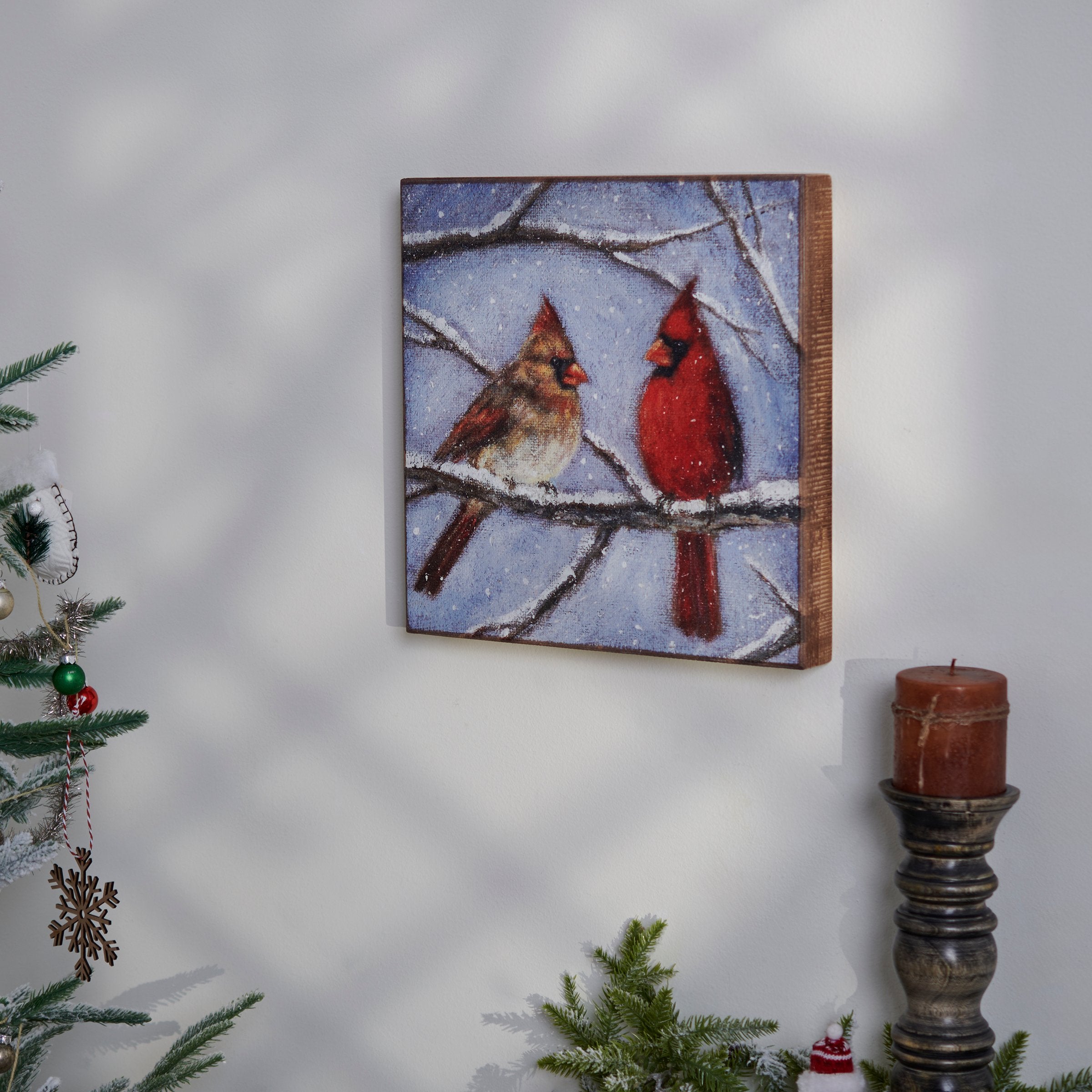 Charming Hand-Painted Cardinal Couple Winter Scene Wooden Box Sign