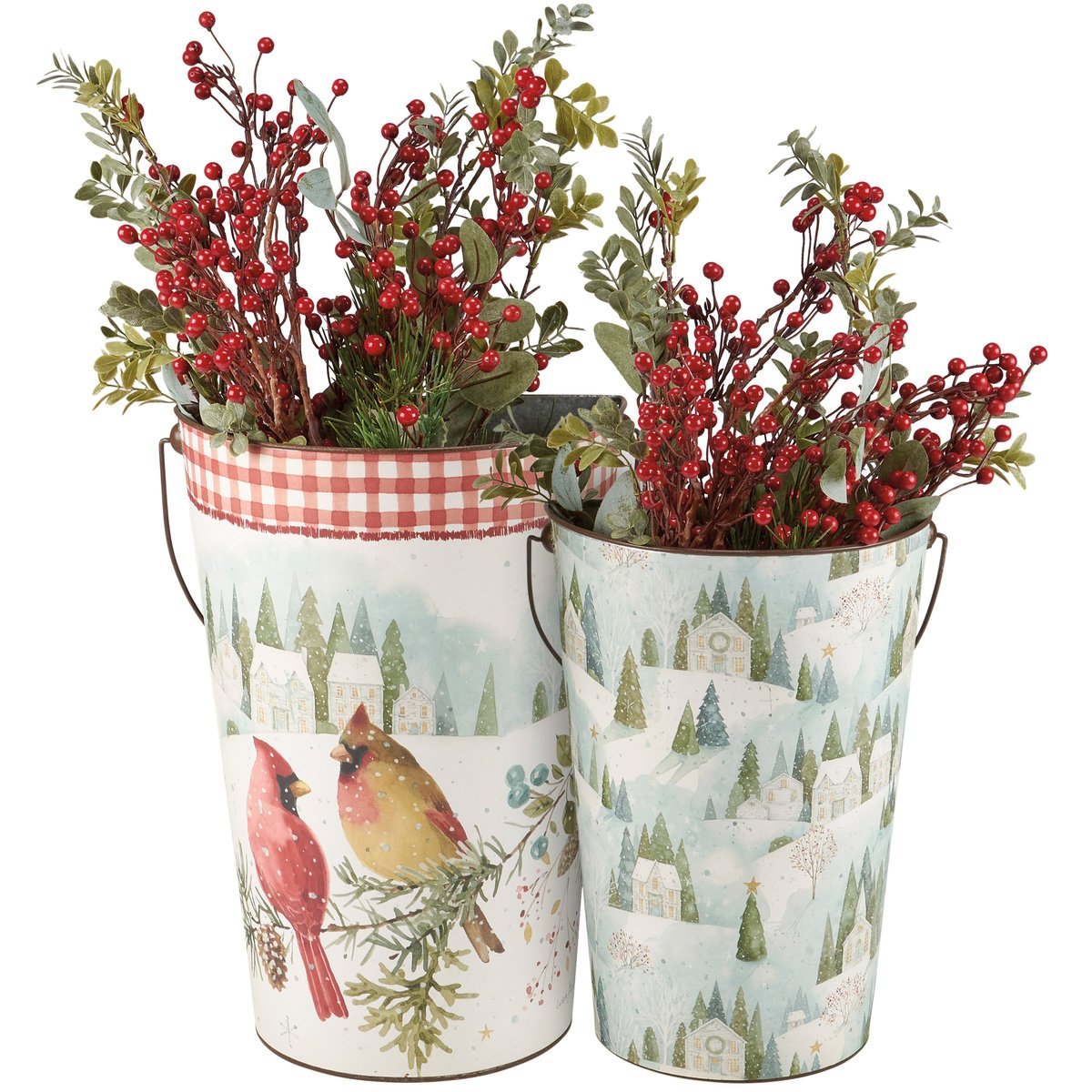 Charming Winter Cardinal Metal Wall Buckets Set - Watercolor Art Home Decor