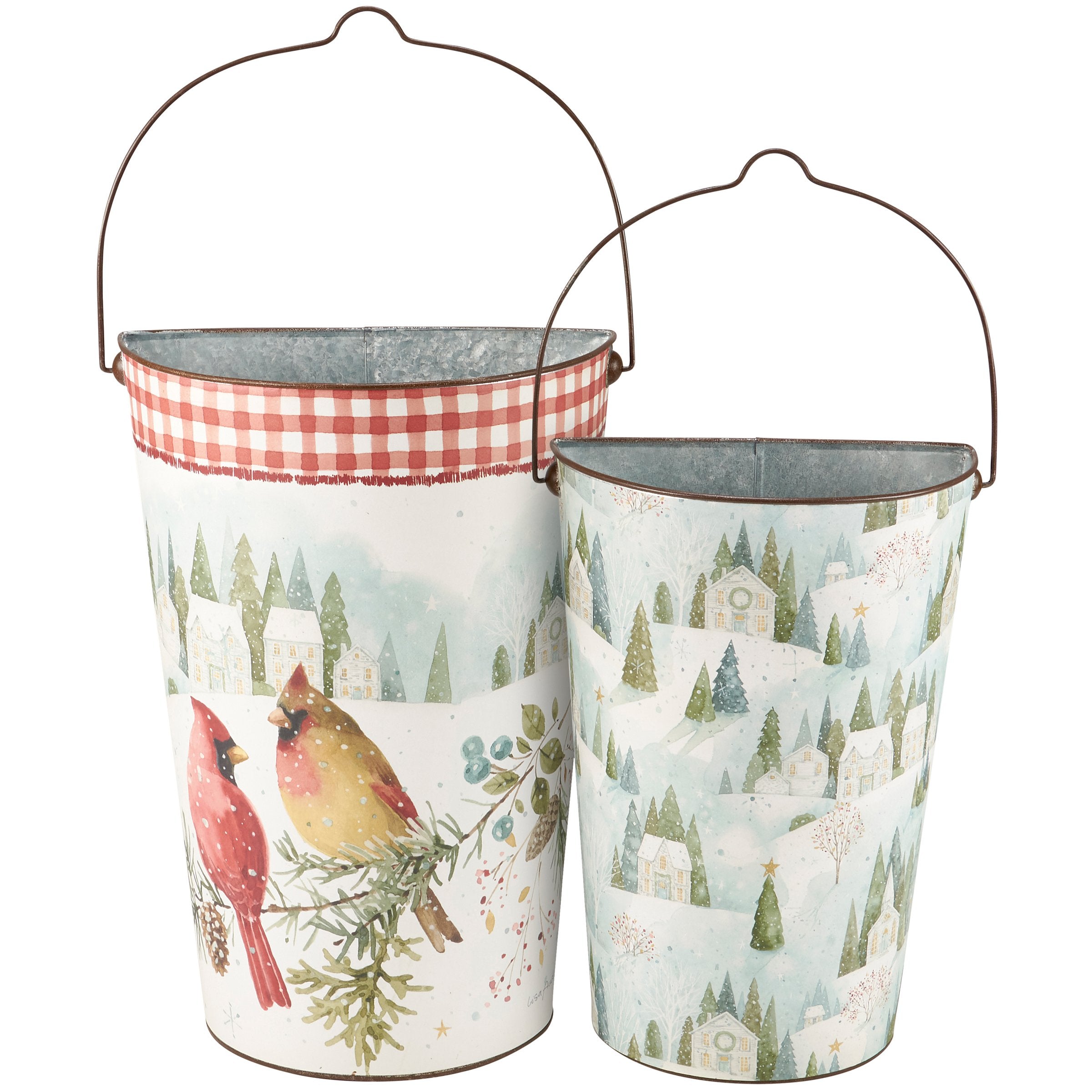 Charming Winter Cardinal Metal Wall Buckets Set - Watercolor Art Home Decor