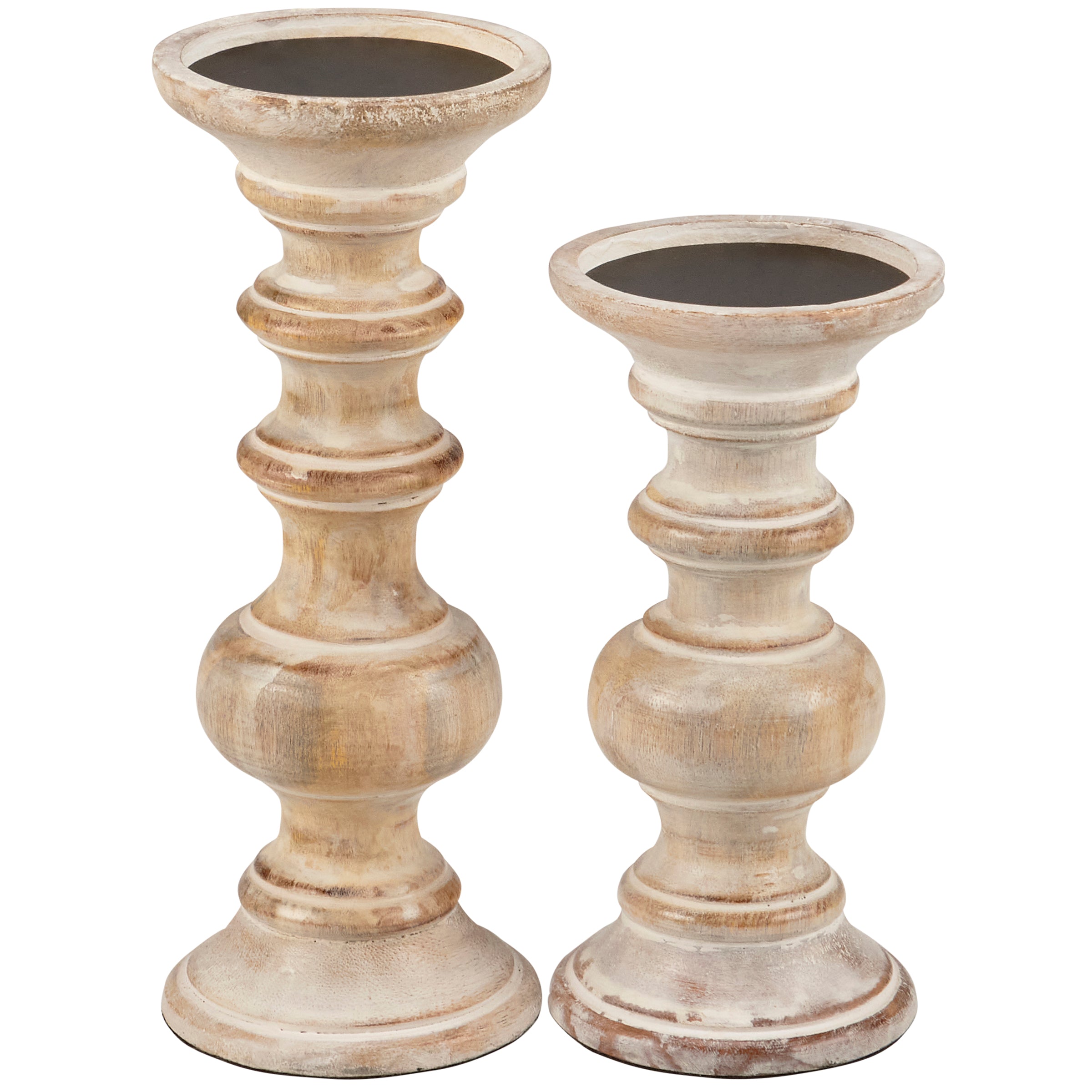 Rustic Whitewash Wooden Pillar Candle Holder Set for Farmhouse Home Decor
