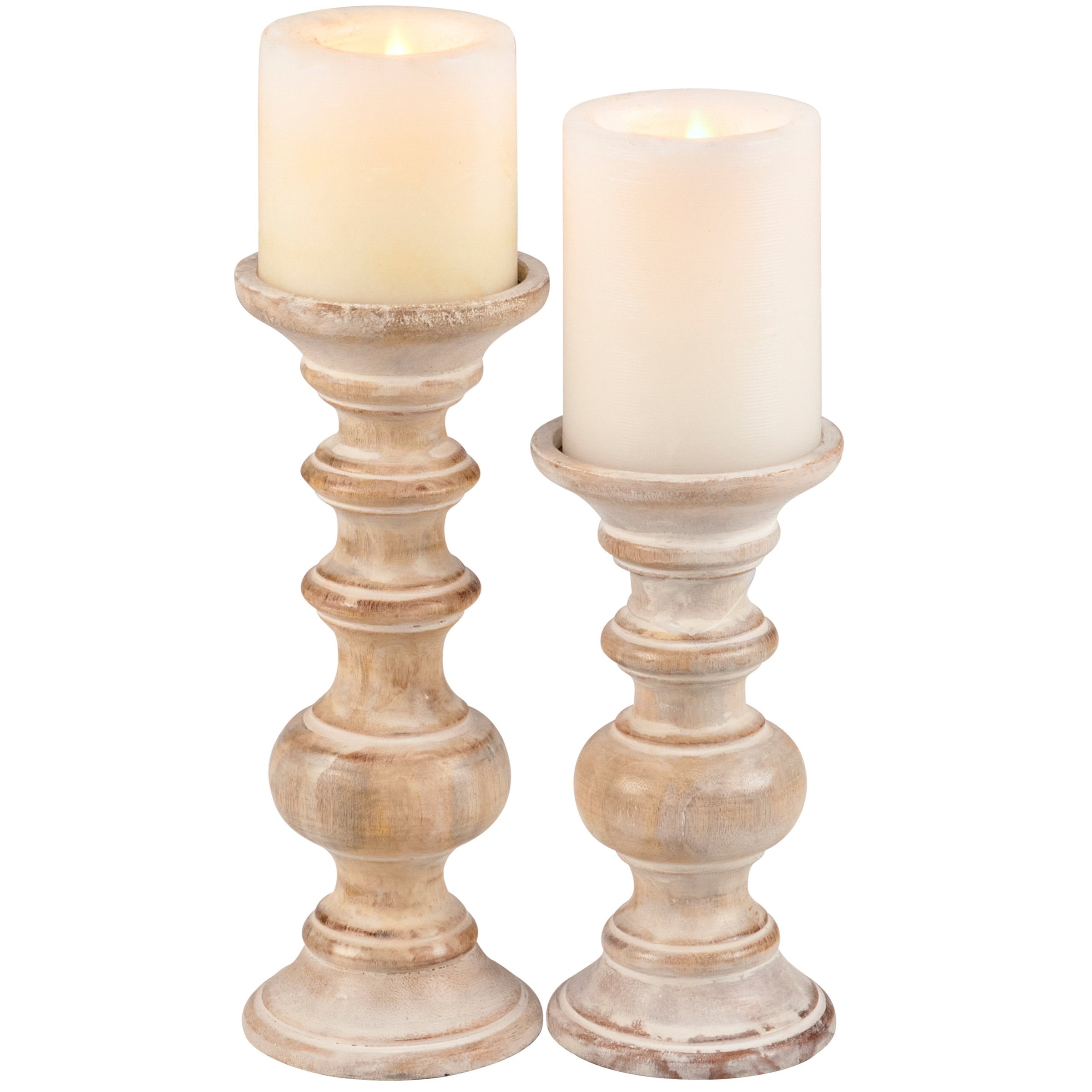 Rustic Whitewash Wooden Pillar Candle Holder Set for Farmhouse Home Decor