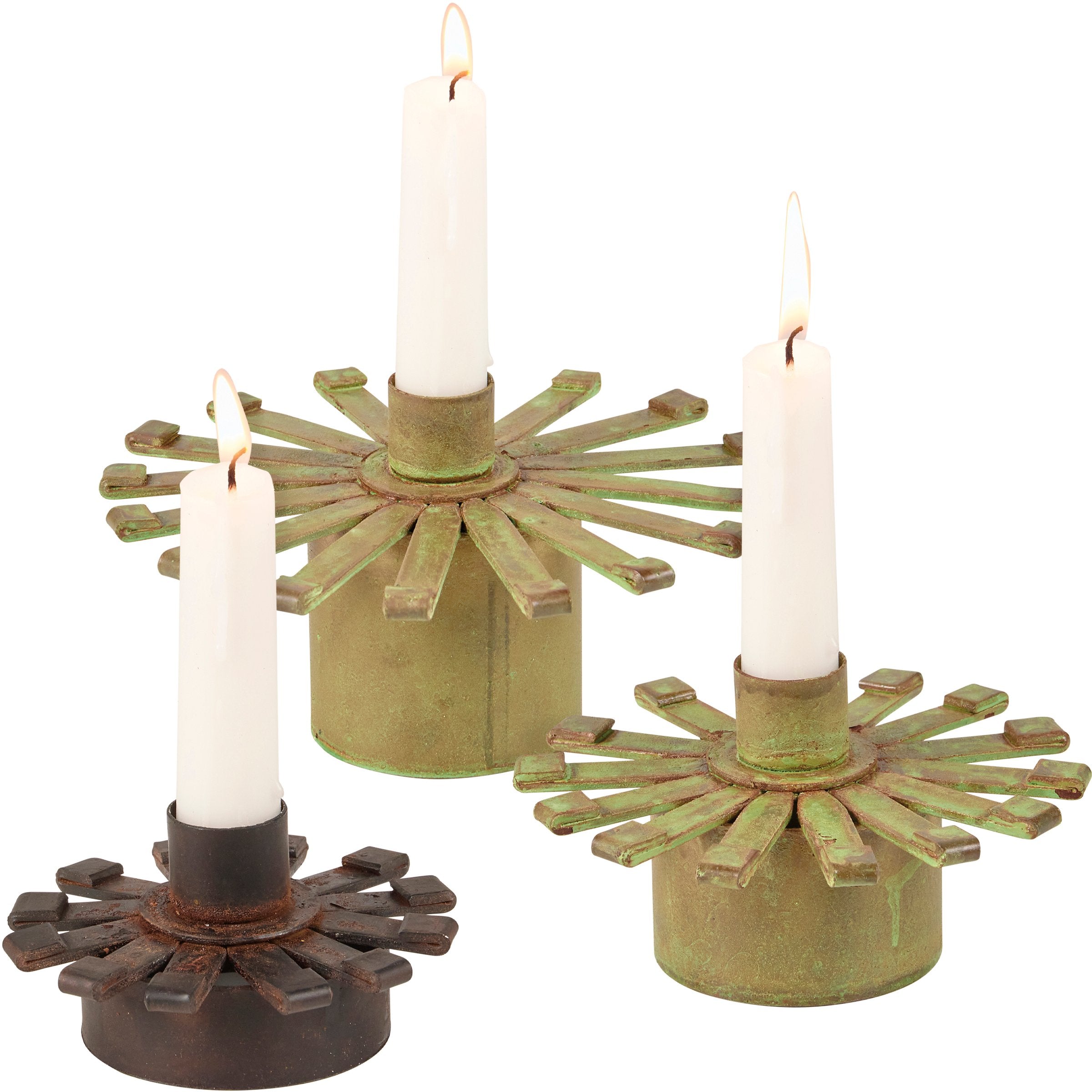 Rustic Metal Burst Taper Candle Holder Set - 3 Distressed Iron Accents