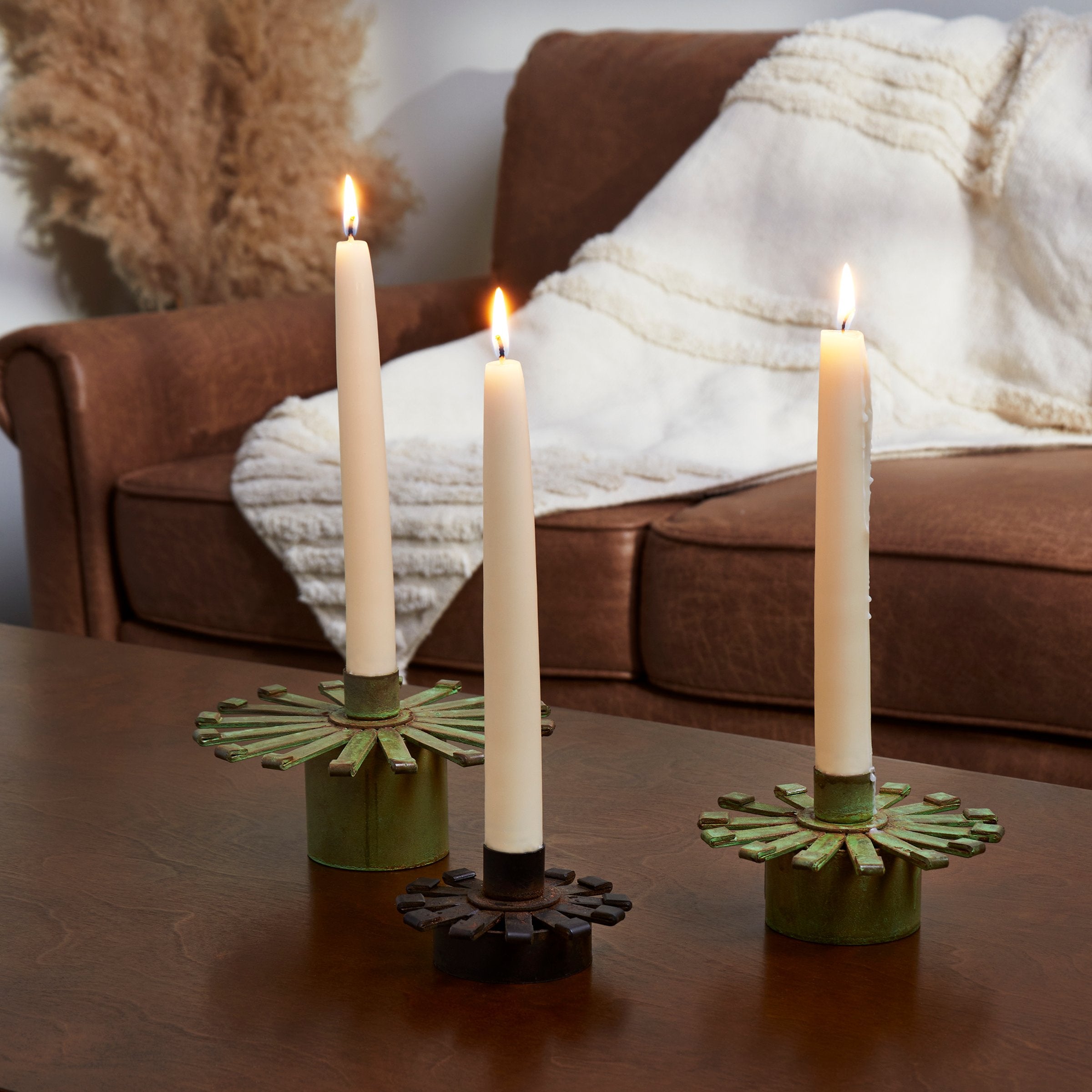Rustic Metal Burst Taper Candle Holder Set - 3 Distressed Iron Accents