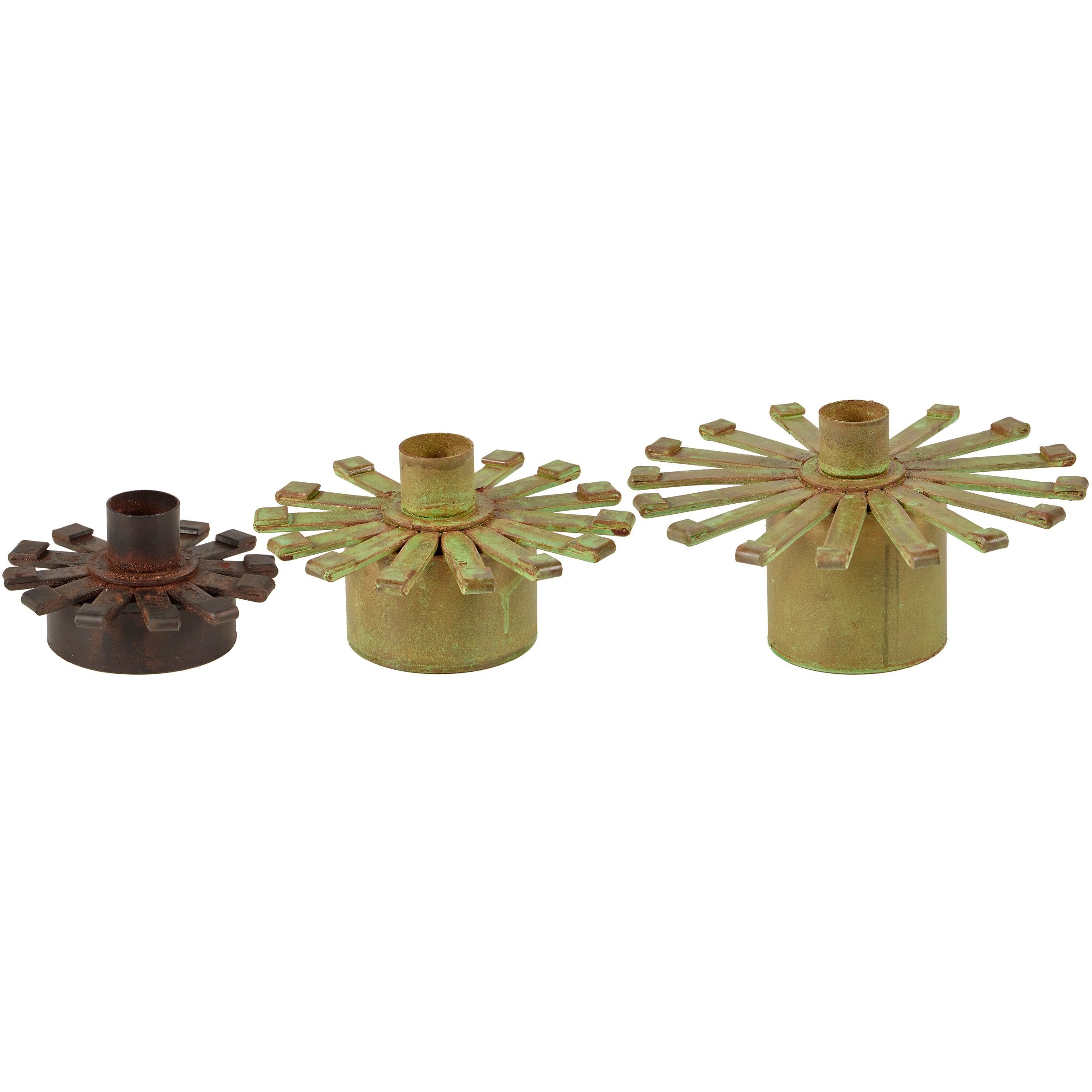 Rustic Metal Burst Taper Candle Holder Set - 3 Distressed Iron Accents