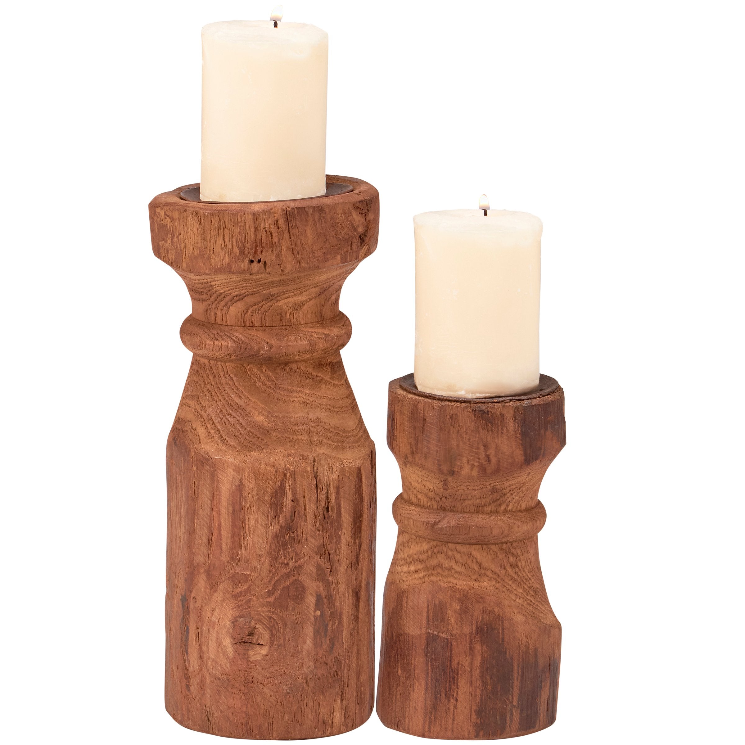 Rustic Natural Wood Candle Holder Set, Two Primitive Carved Pillars, Farmhouse Decor