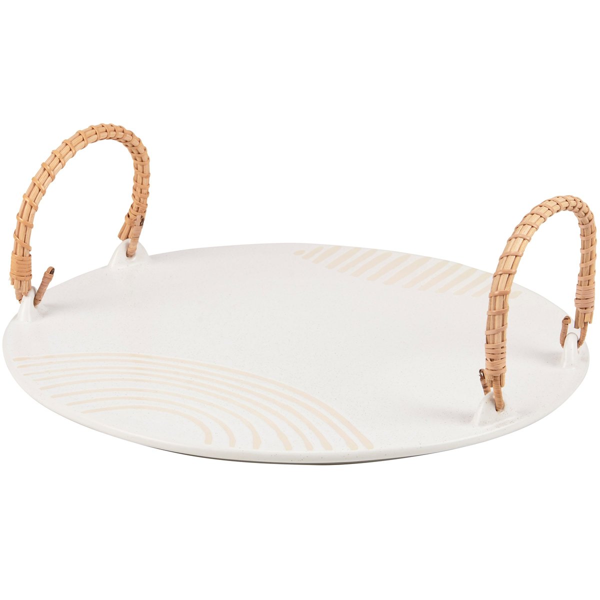 Elegant Stoneware Snacking Tray with Bamboo Handles - Cream Glaze, 13-Inch Diameter