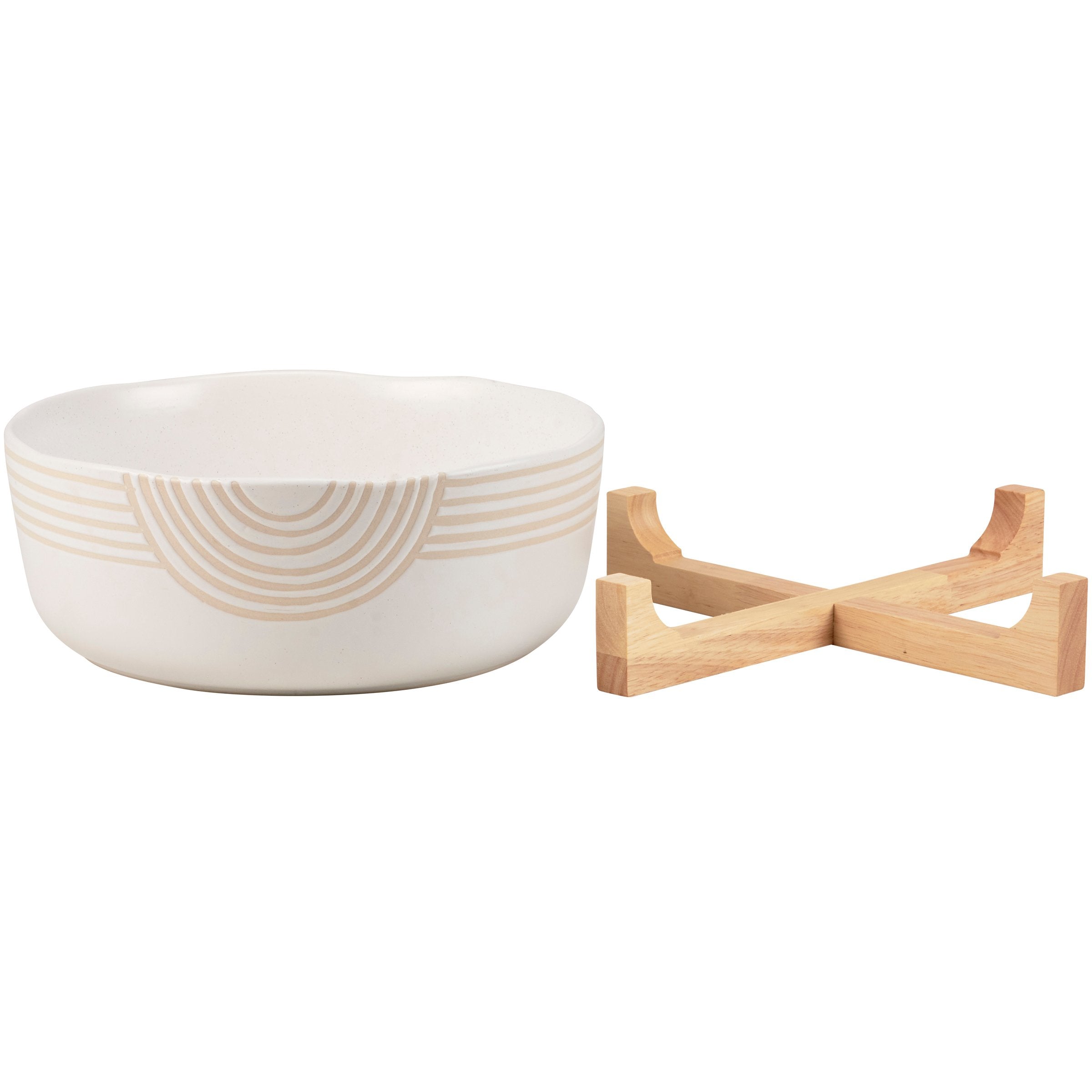 Elegant Stoneware Serving Bowl Set with Wood Stand, Cream Glaze, Dishwasher Safe