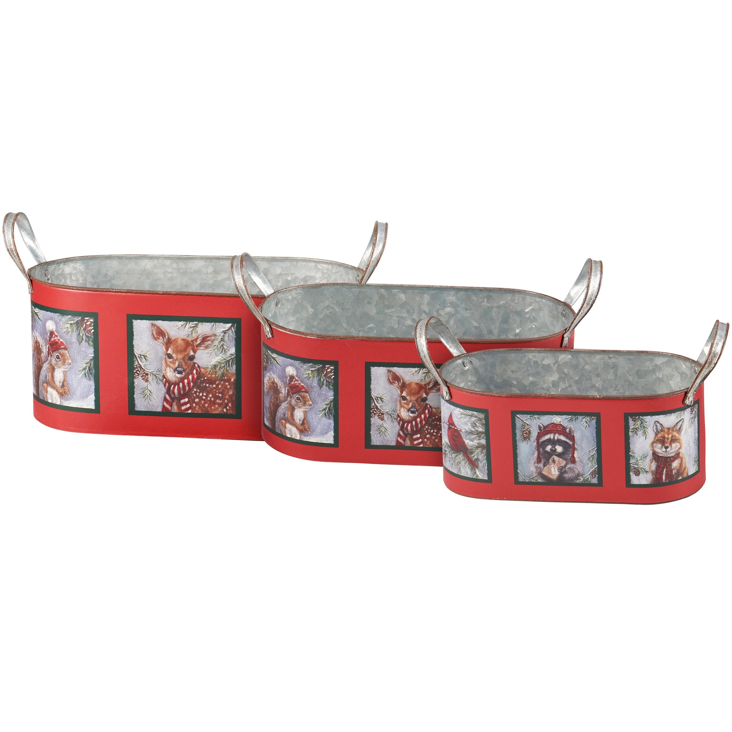 Charming Woodland Animal Winter Scene Galvanized Metal Nesting Bin Set