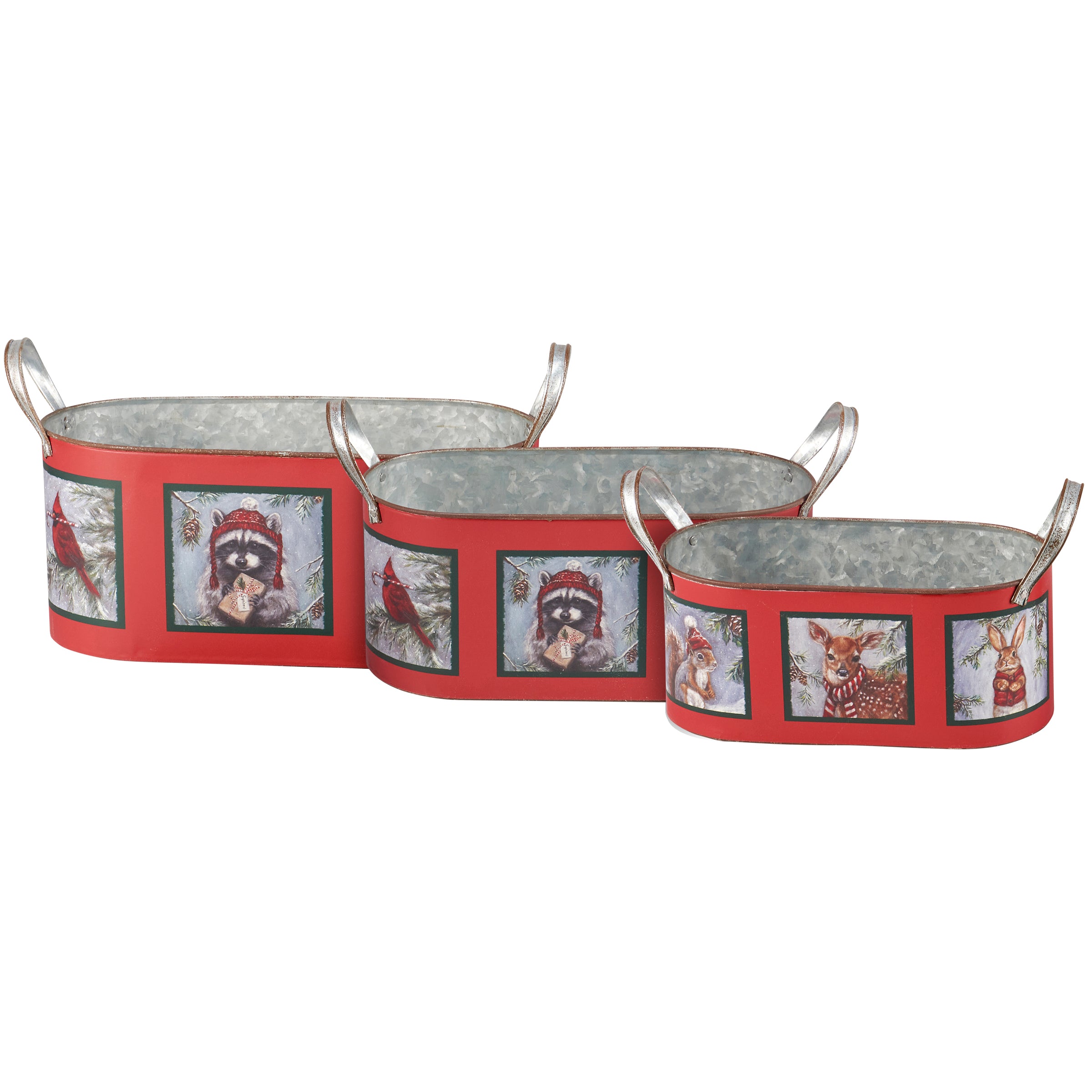 Charming Woodland Animal Winter Scene Galvanized Metal Nesting Bin Set