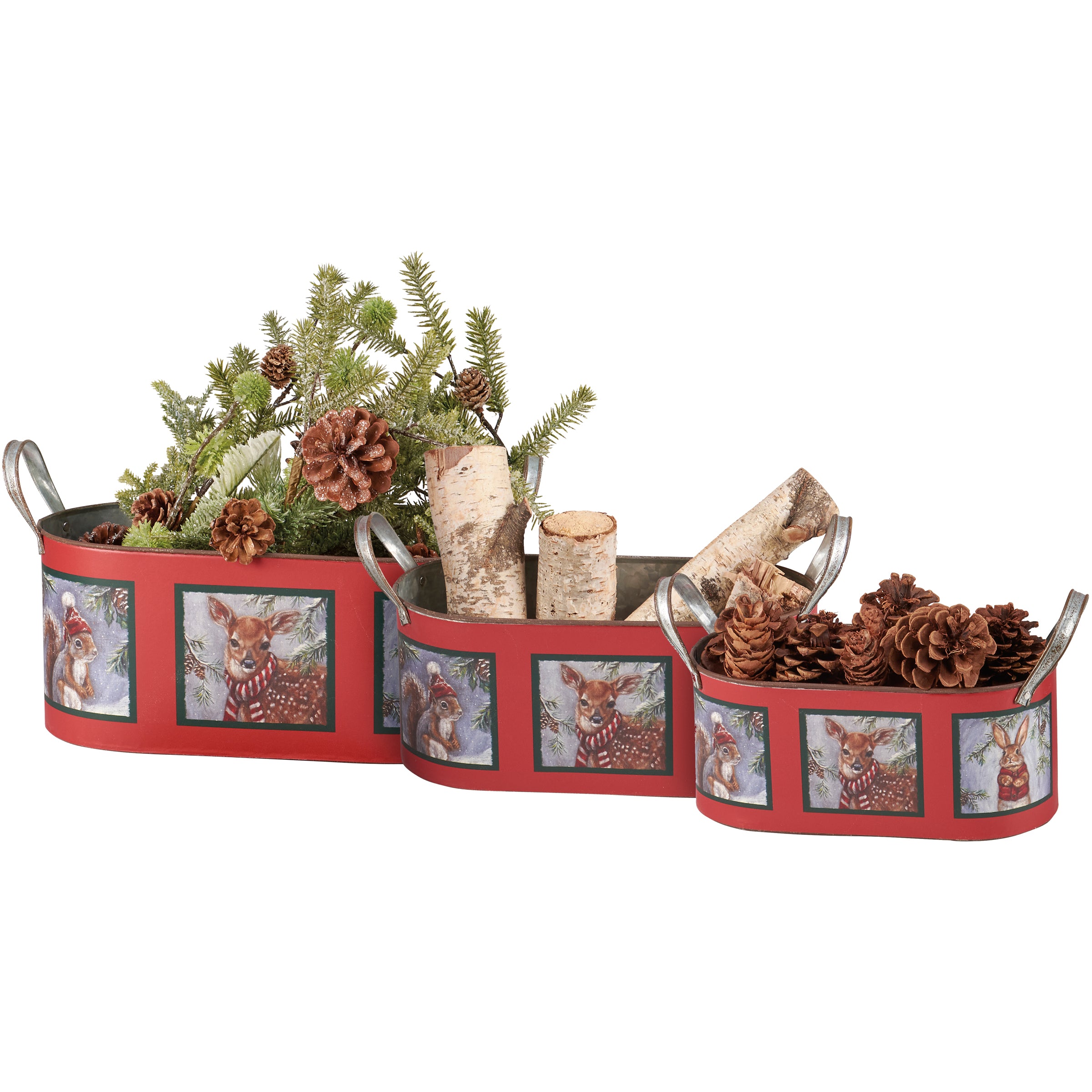 Charming Woodland Animal Winter Scene Galvanized Metal Nesting Bin Set