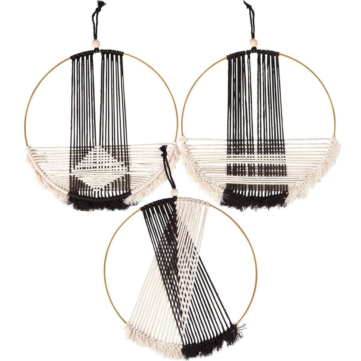 Boho Woven Ring Wall Hanging Set - 3-Piece Black & White Geometric Decor