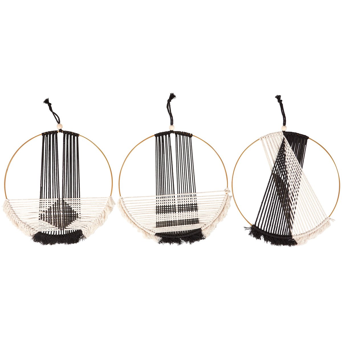 Boho Woven Ring Wall Hanging Set - 3-Piece Black & White Geometric Decor