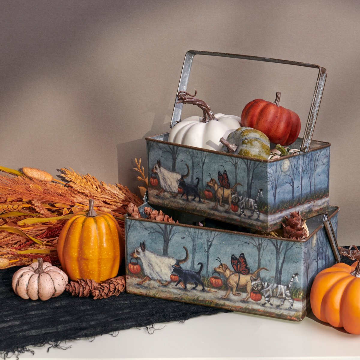 Adorable Spooky Pet Parade Galvanized Metal Halloween Decorative Storage Bin Set