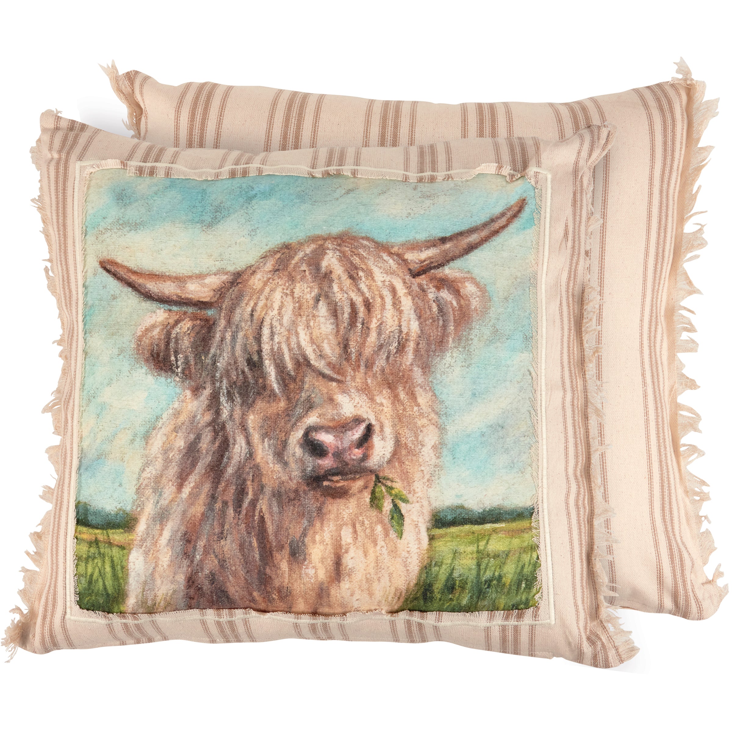 Charming White Highland Cow Farmhouse Pillow with Frayed Edges and Zipper