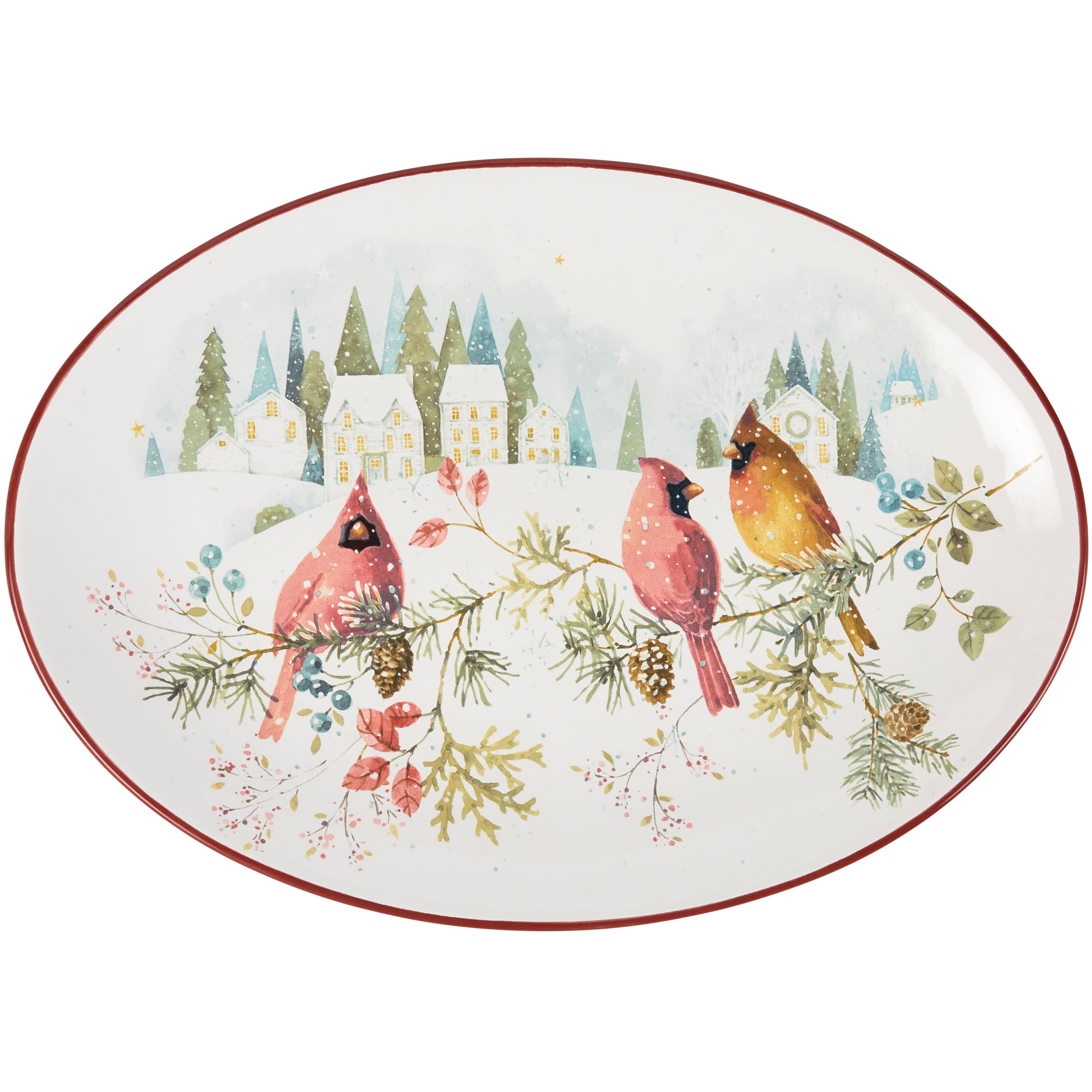 Charming Stoneware Oval Winter Cardinal Platter, Hand-Painted Festive Holiday Tableware for Gatherings