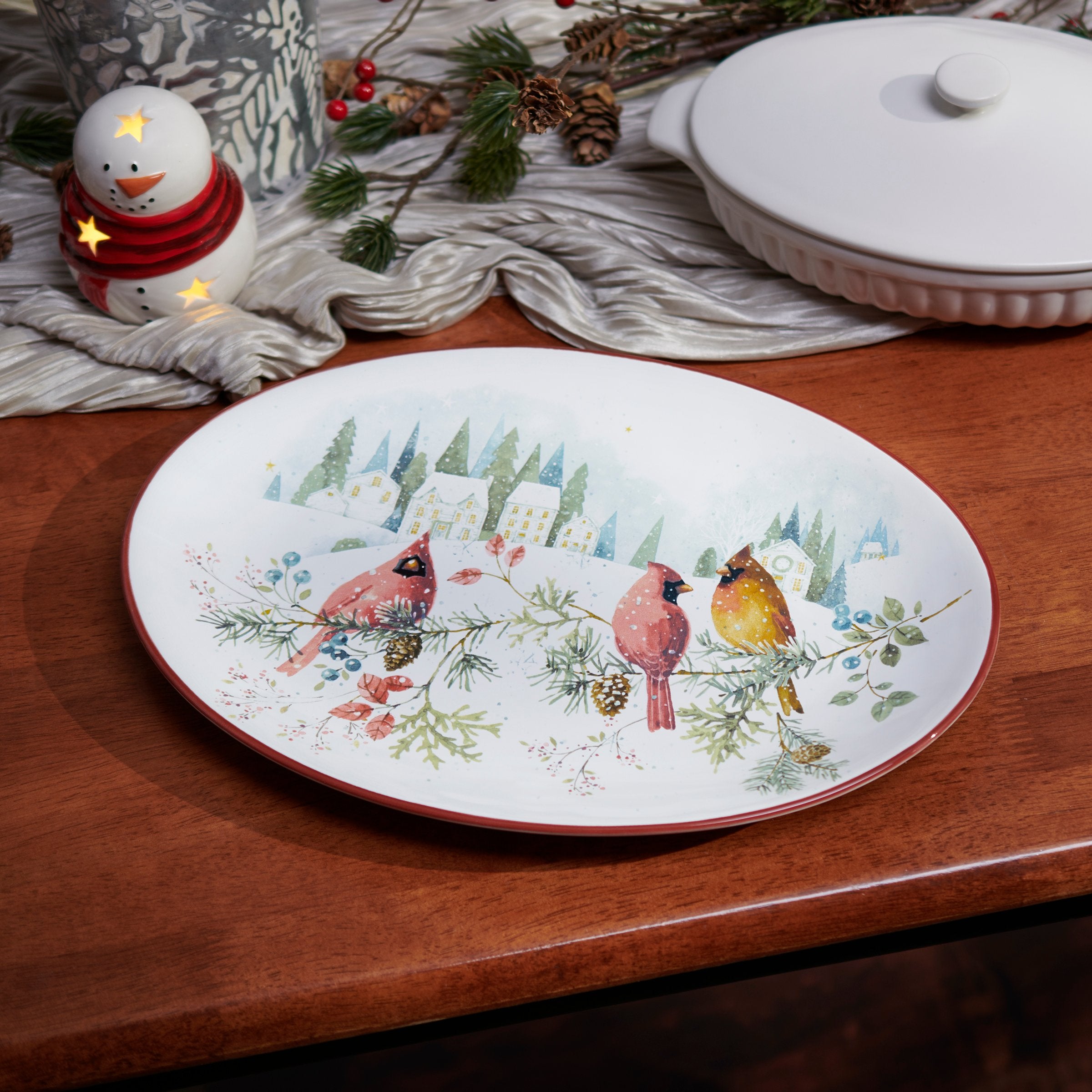 Charming Stoneware Oval Winter Cardinal Platter, Hand-Painted Festive Holiday Tableware for Gatherings