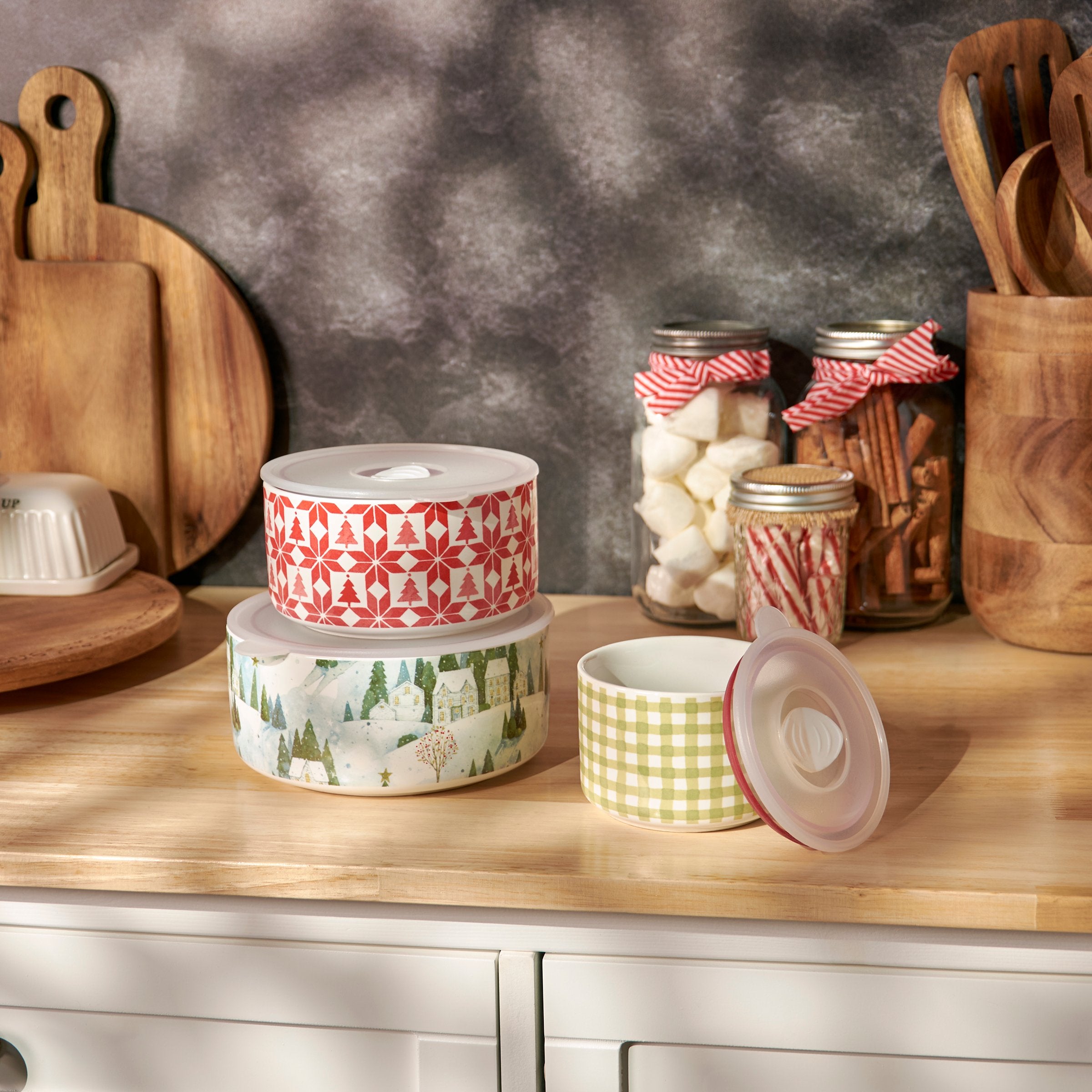 Charming Winter Wonderland Ceramic Server Set with Vented Lids - Dishwasher Safe