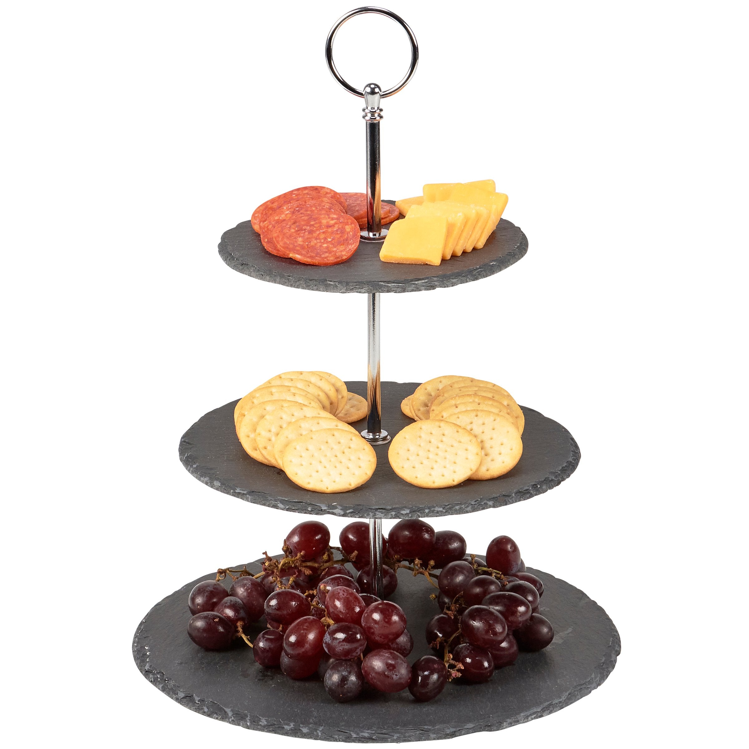 Elegant Three-Tiered Slate Party Serving Tower Tray with Metal Handle