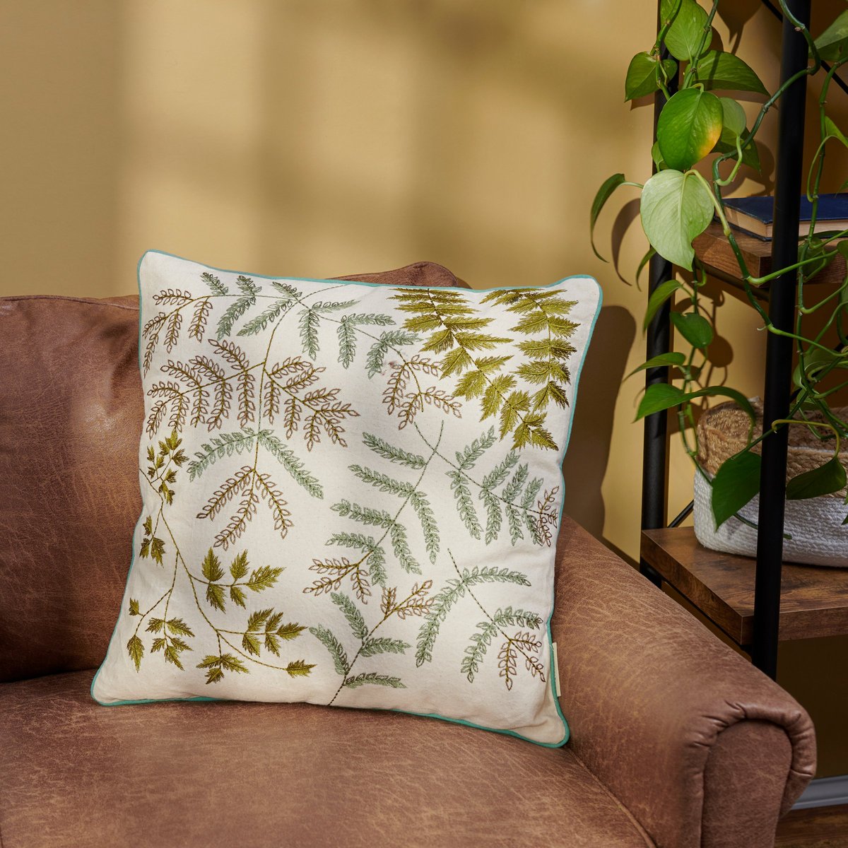 Botanical Embroidered Fronds Stems Decorative Throw Pillow with Zipper
