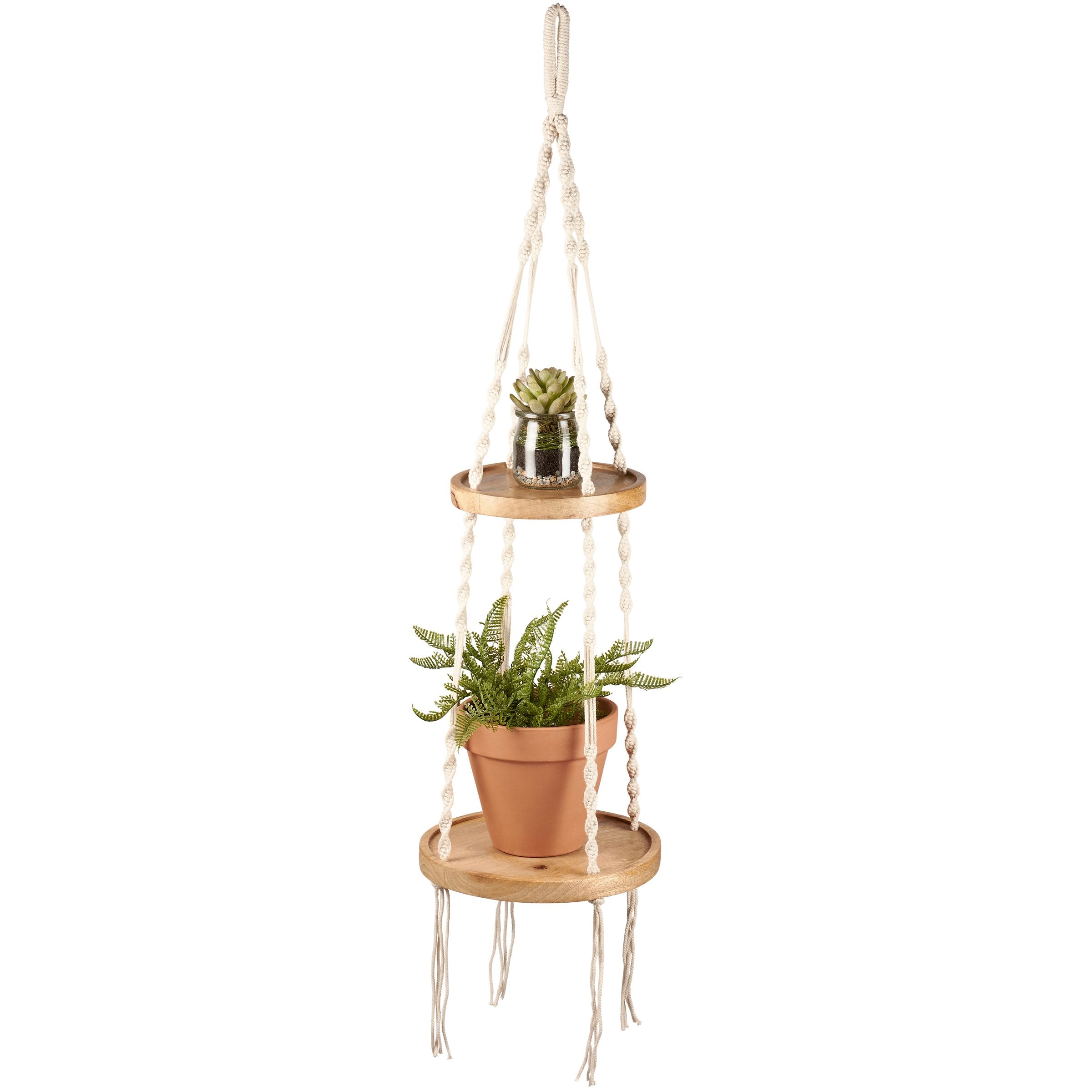 Two-Tiered Macrame Hanging Plant Shelf, Natural Wood & Cotton Rope Decor