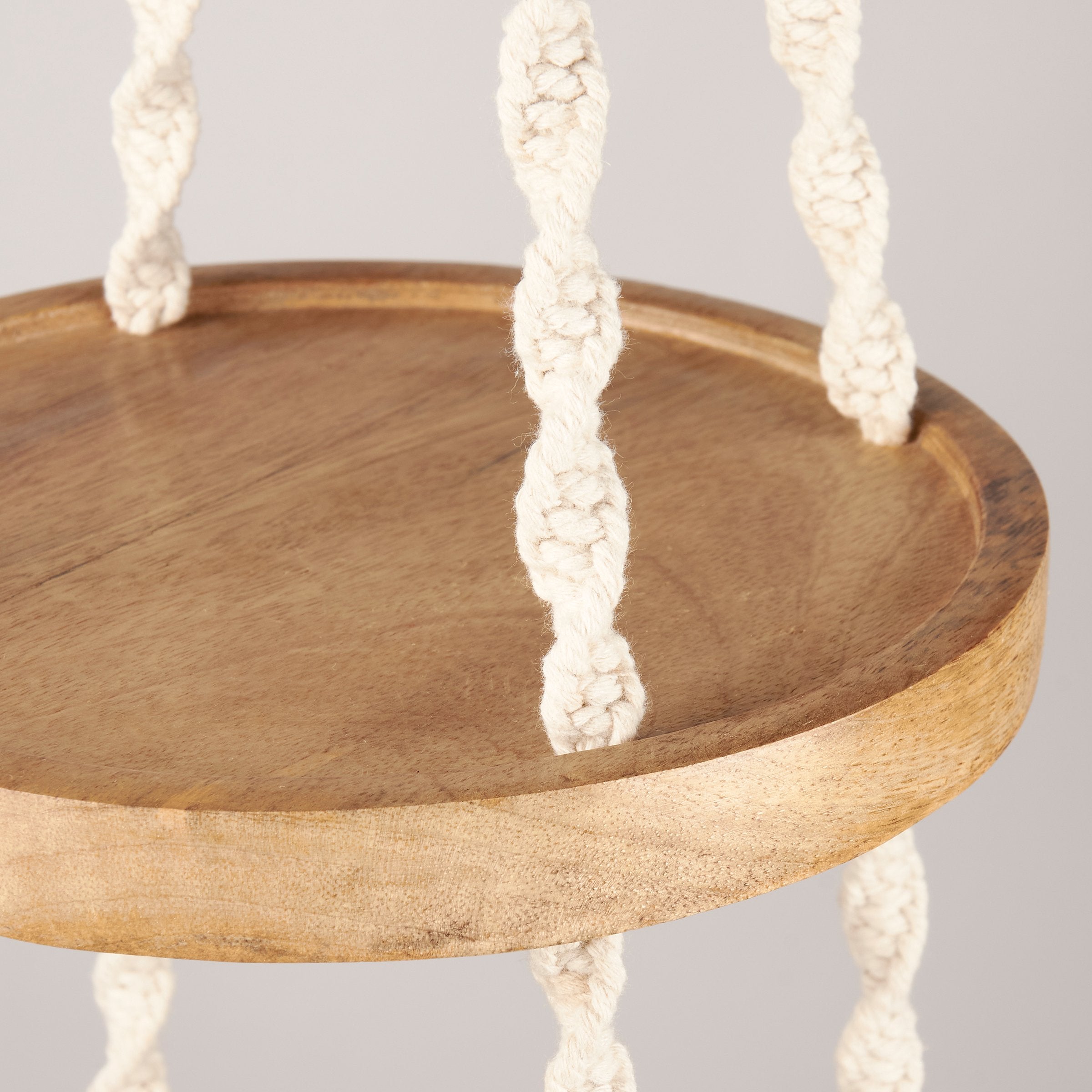 Two-Tiered Macrame Hanging Plant Shelf, Natural Wood & Cotton Rope Decor