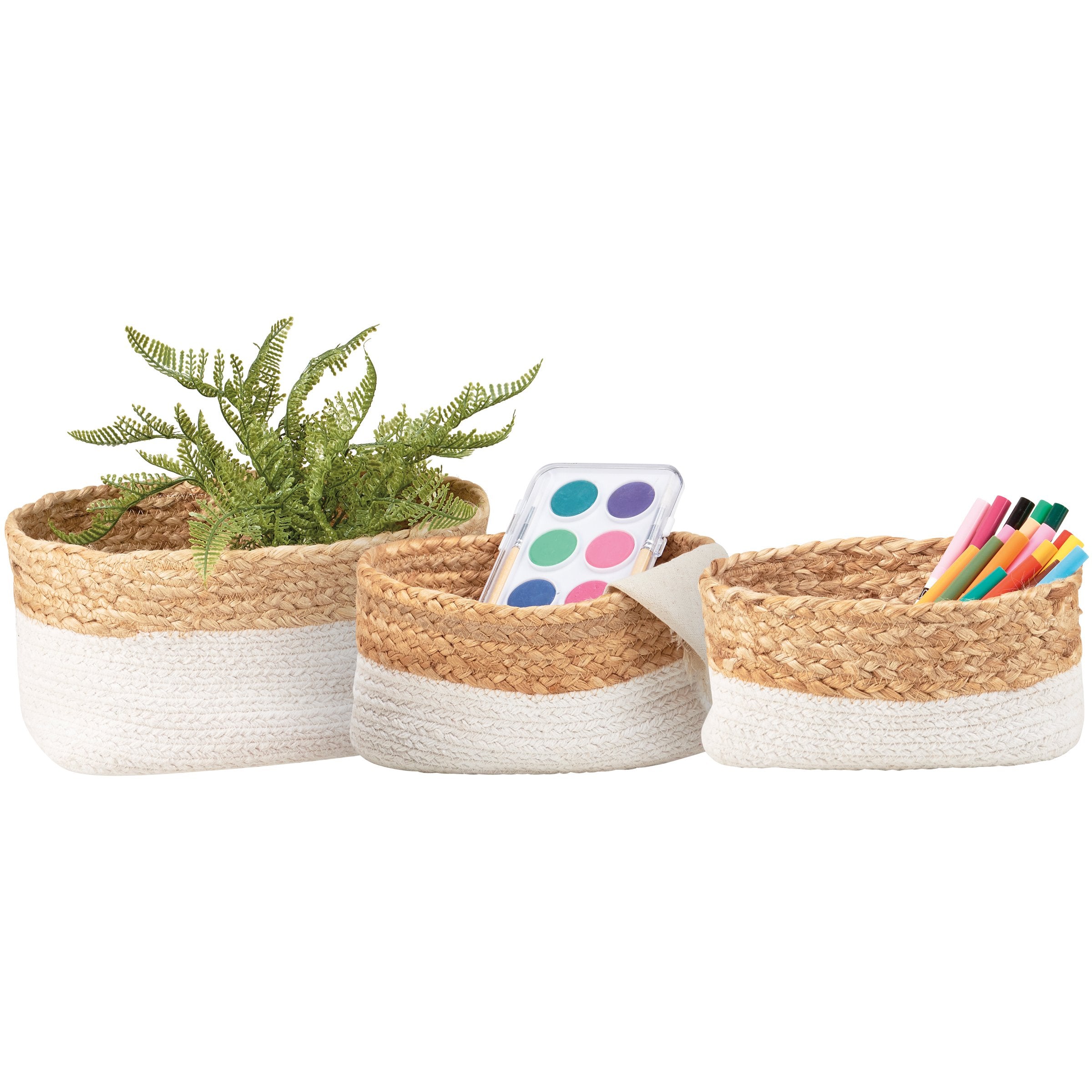 Chic Bohemian Braided Jute & Cotton Storage Basket Set - 3 Sizes