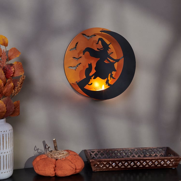 Spooky Flying Witch on Moon Metal Tealight Candle Holder Wall Decor