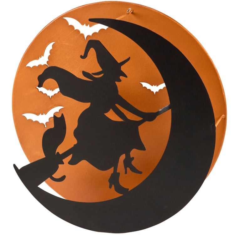 Spooky Flying Witch on Moon Metal Tealight Candle Holder Wall Decor