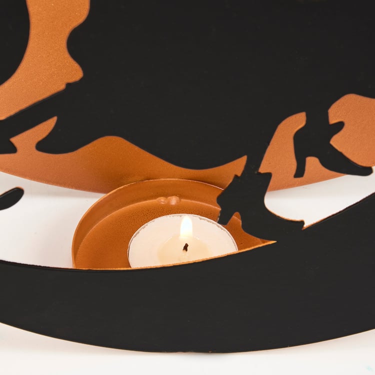 Spooky Flying Witch on Moon Metal Tealight Candle Holder Wall Decor