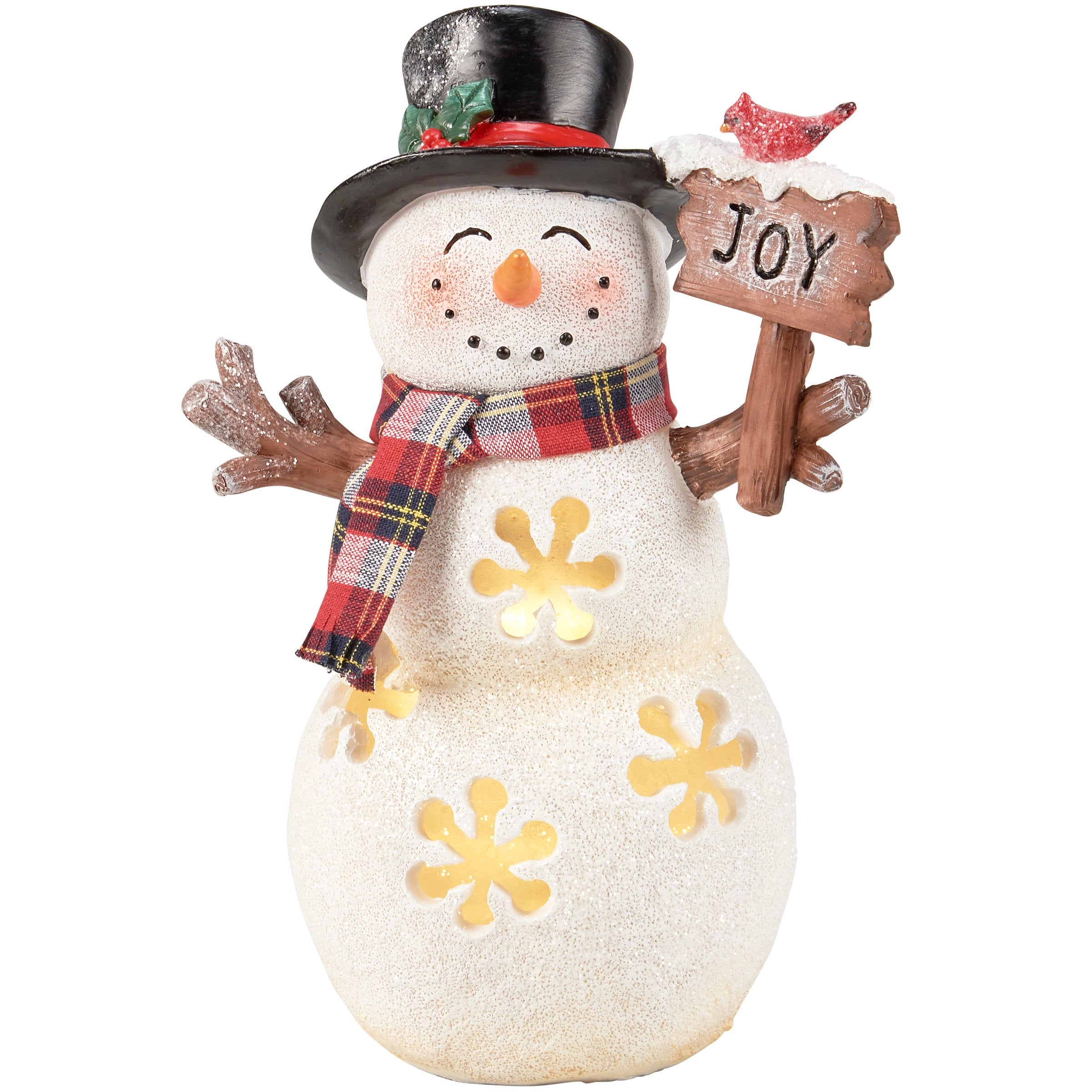 Charming Lighted Snowman Joy Figurine with Glitter, Cardinal, and Snowflake Cutouts