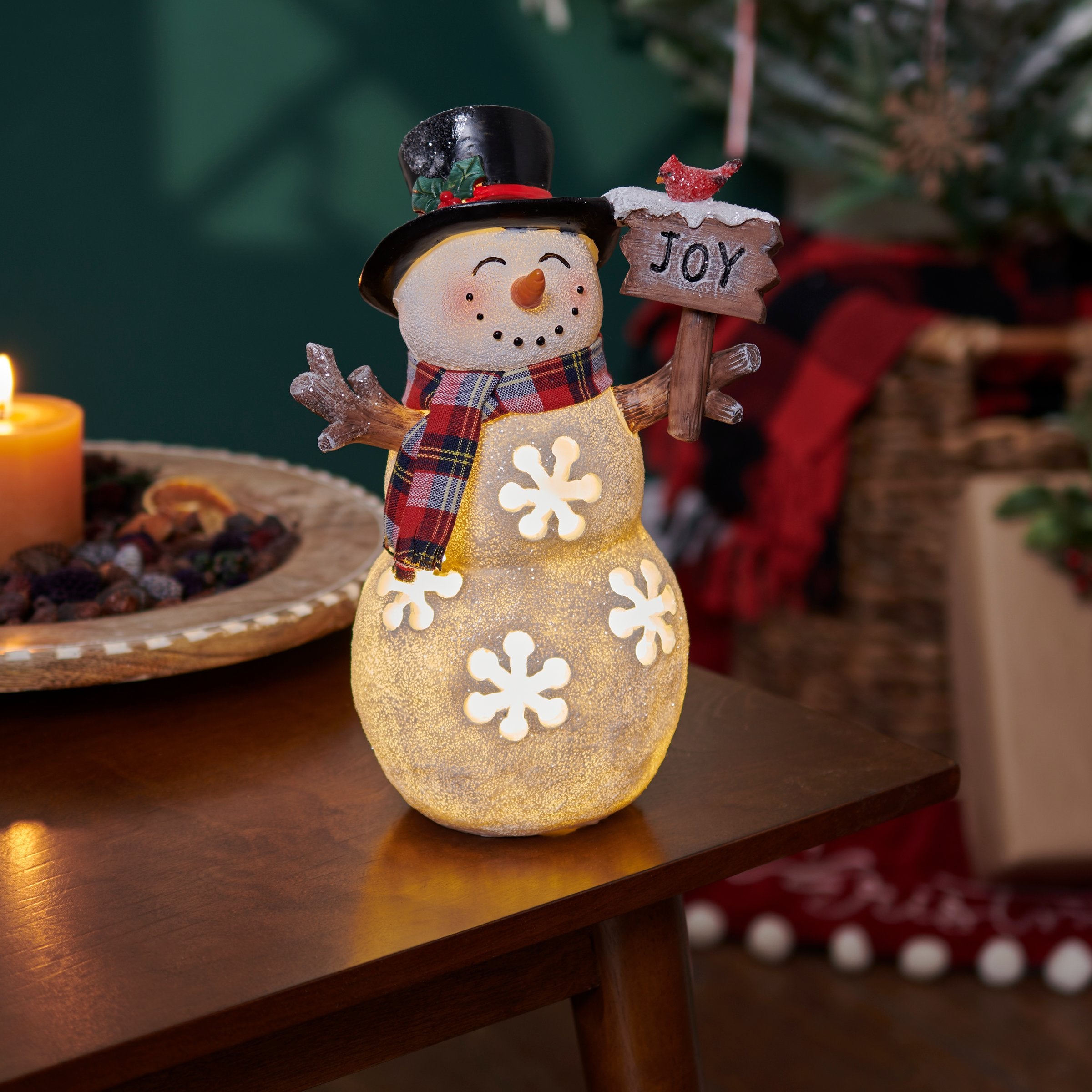 Charming Lighted Snowman Joy Figurine with Glitter, Cardinal, and Snowflake Cutouts