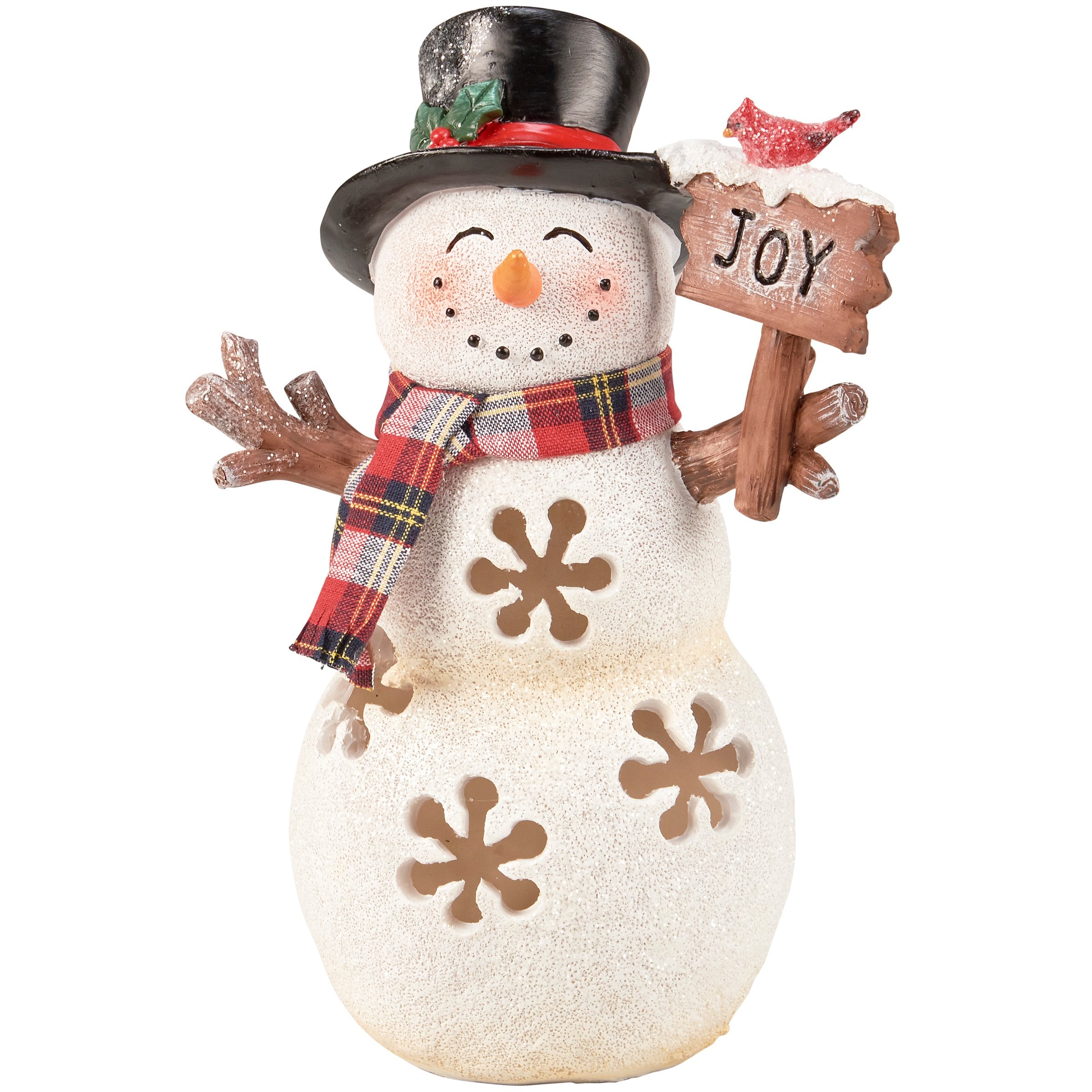 Charming Lighted Snowman Joy Figurine with Glitter, Cardinal, and Snowflake Cutouts