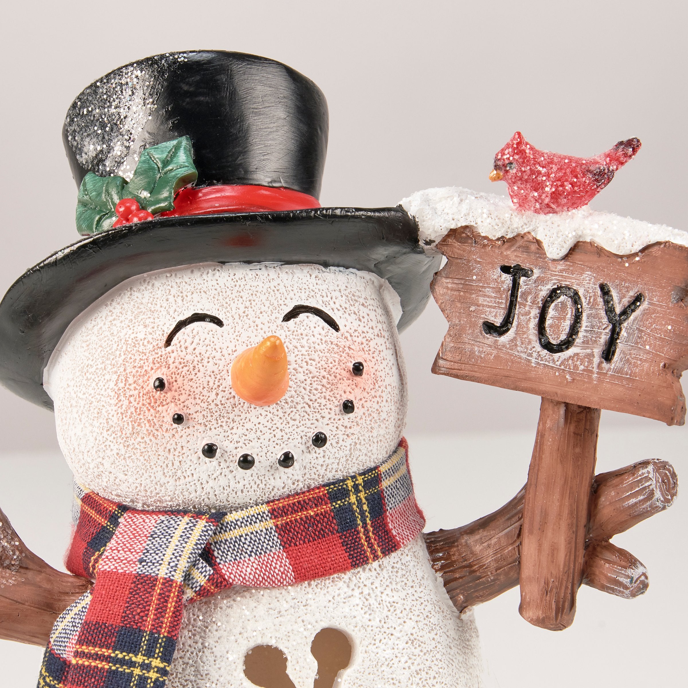 Charming Lighted Snowman Joy Figurine with Glitter, Cardinal, and Snowflake Cutouts