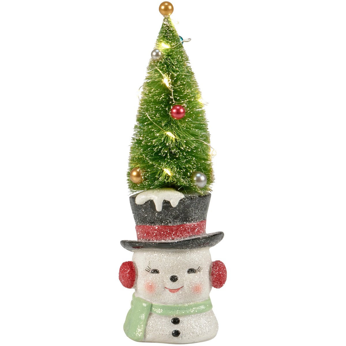 Charming Retro Lighted Snowman Tree Figurine with Bristle Tree Hat Holiday Decor