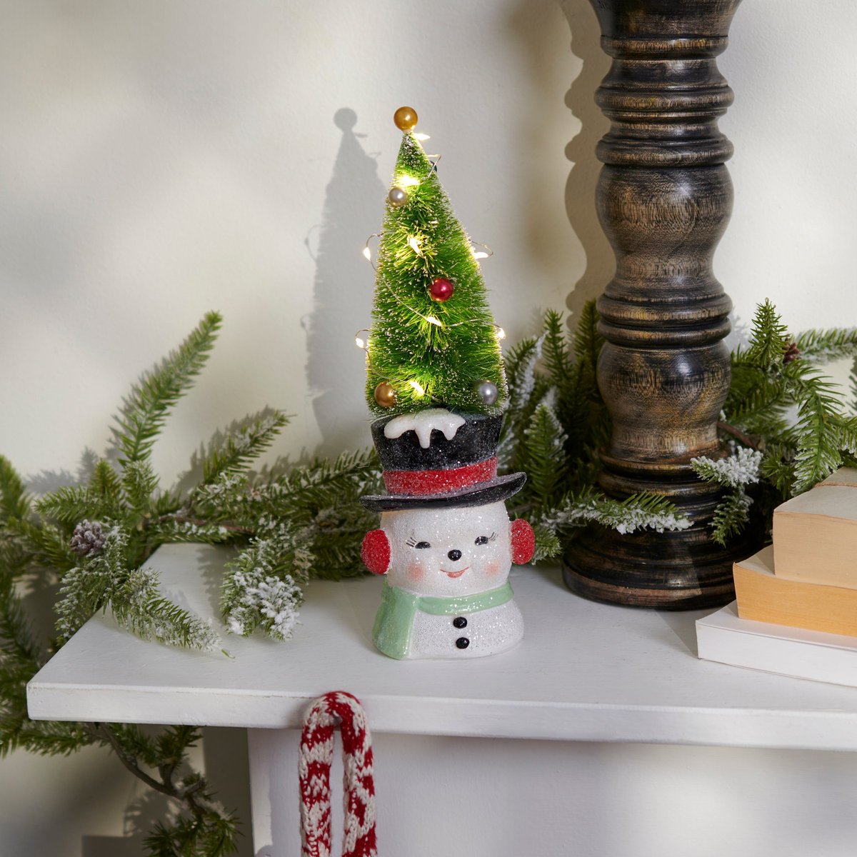 Charming Retro Lighted Snowman Tree Figurine with Bristle Tree Hat Holiday Decor
