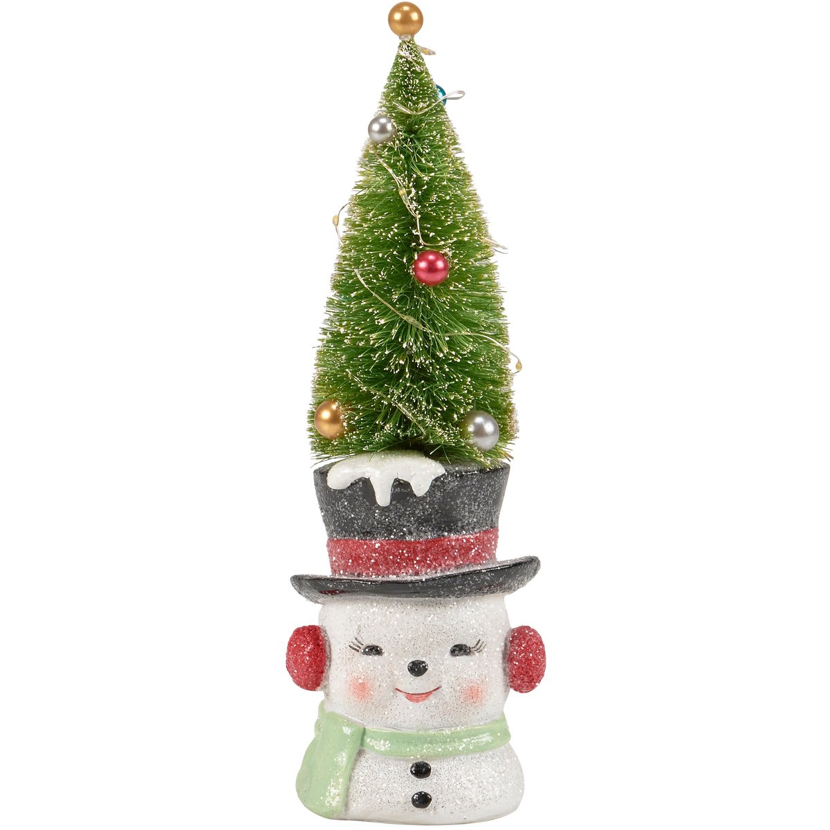 Charming Retro Lighted Snowman Tree Figurine with Bristle Tree Hat Holiday Decor