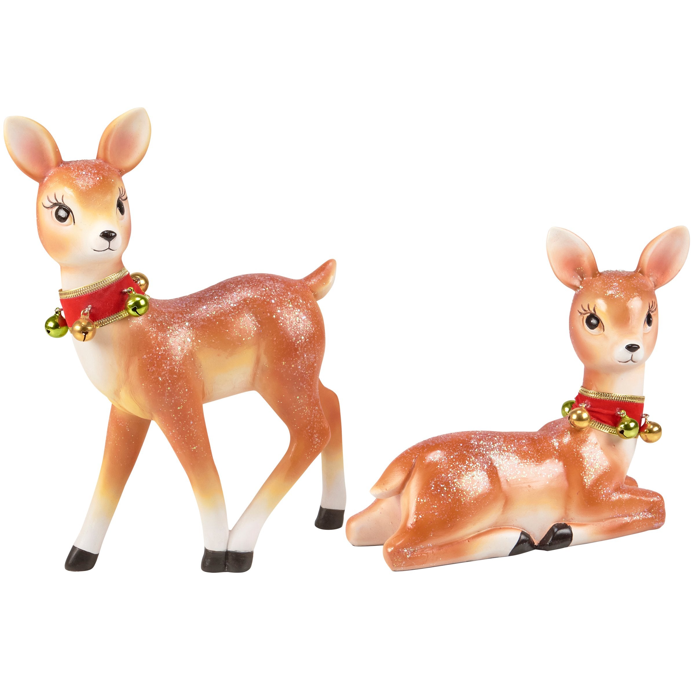 Charming Retro Christmas Deer Figurine Set - Glittery Winter Wonderland Decor