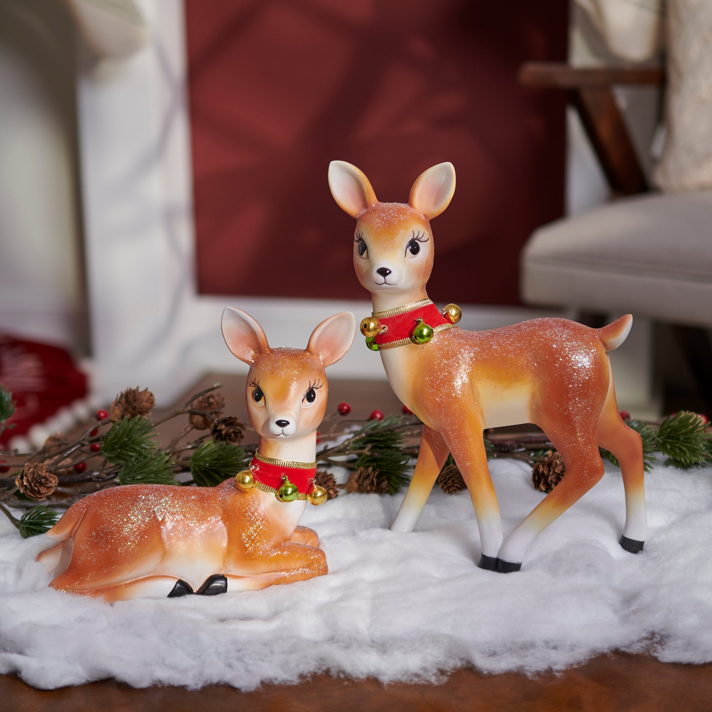 Charming Retro Christmas Deer Figurine Set - Glittery Winter Wonderland Decor