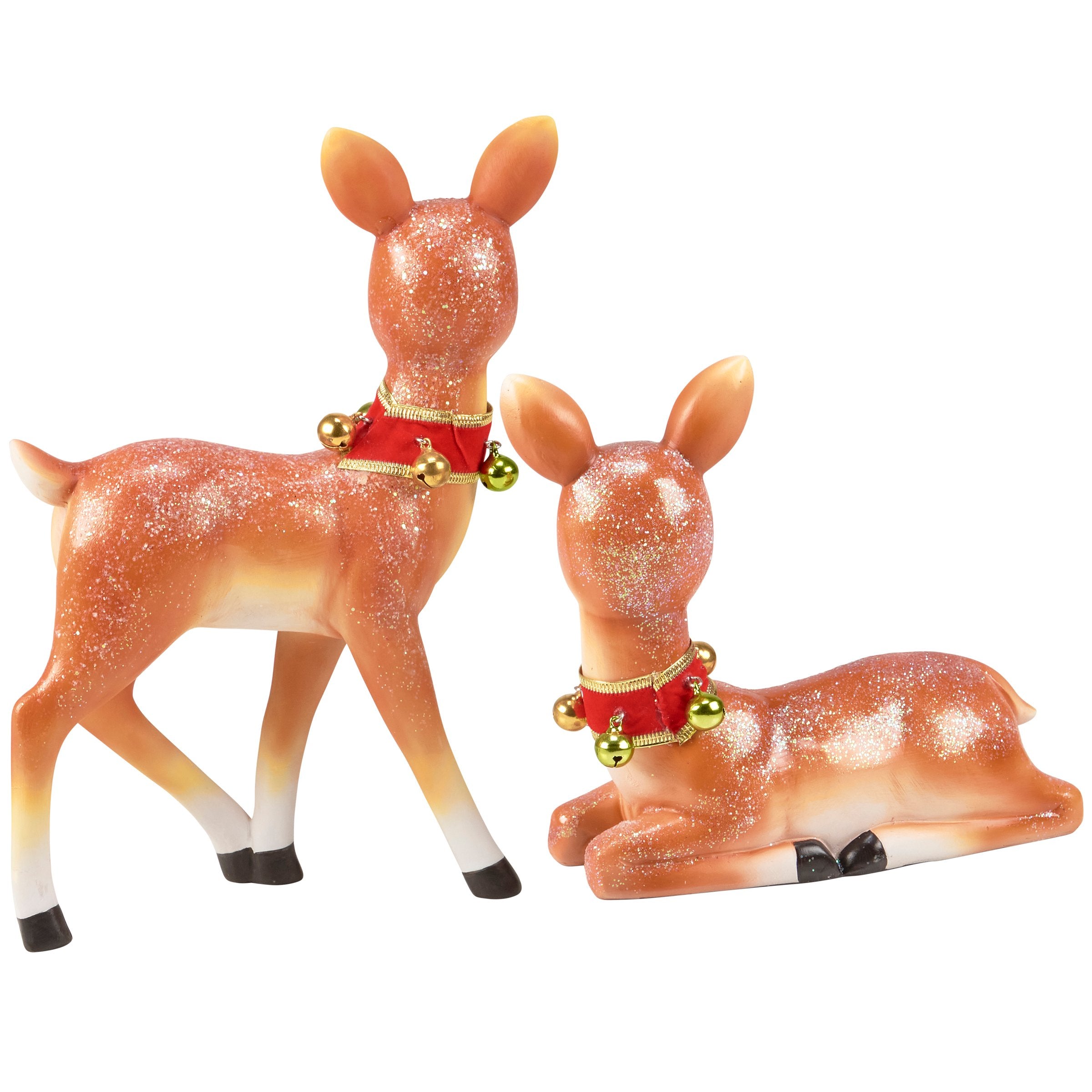 Charming Retro Christmas Deer Figurine Set - Glittery Winter Wonderland Decor
