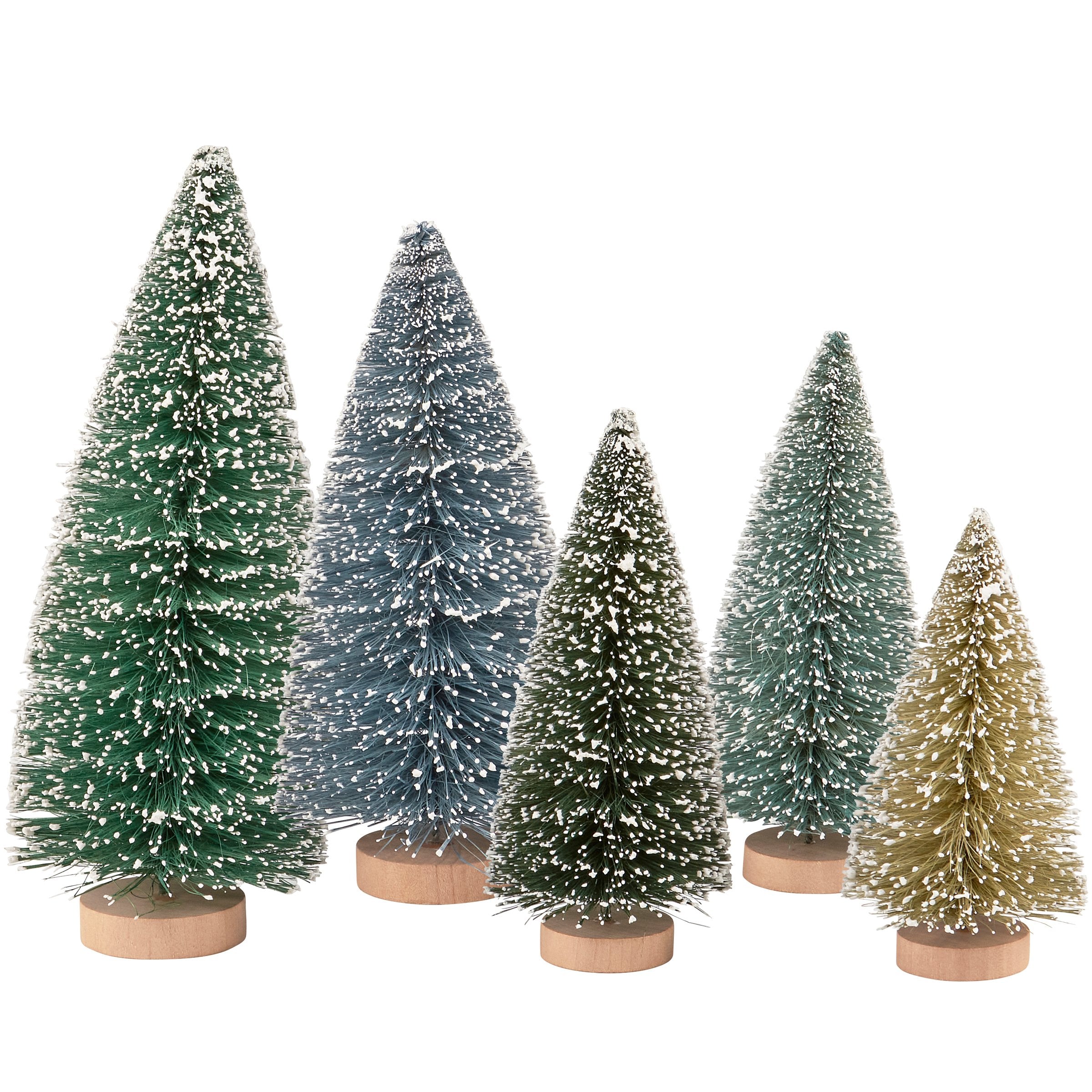 Set of Five Snowy Green Bottle Brush Trees Festive Winter Holiday Decor