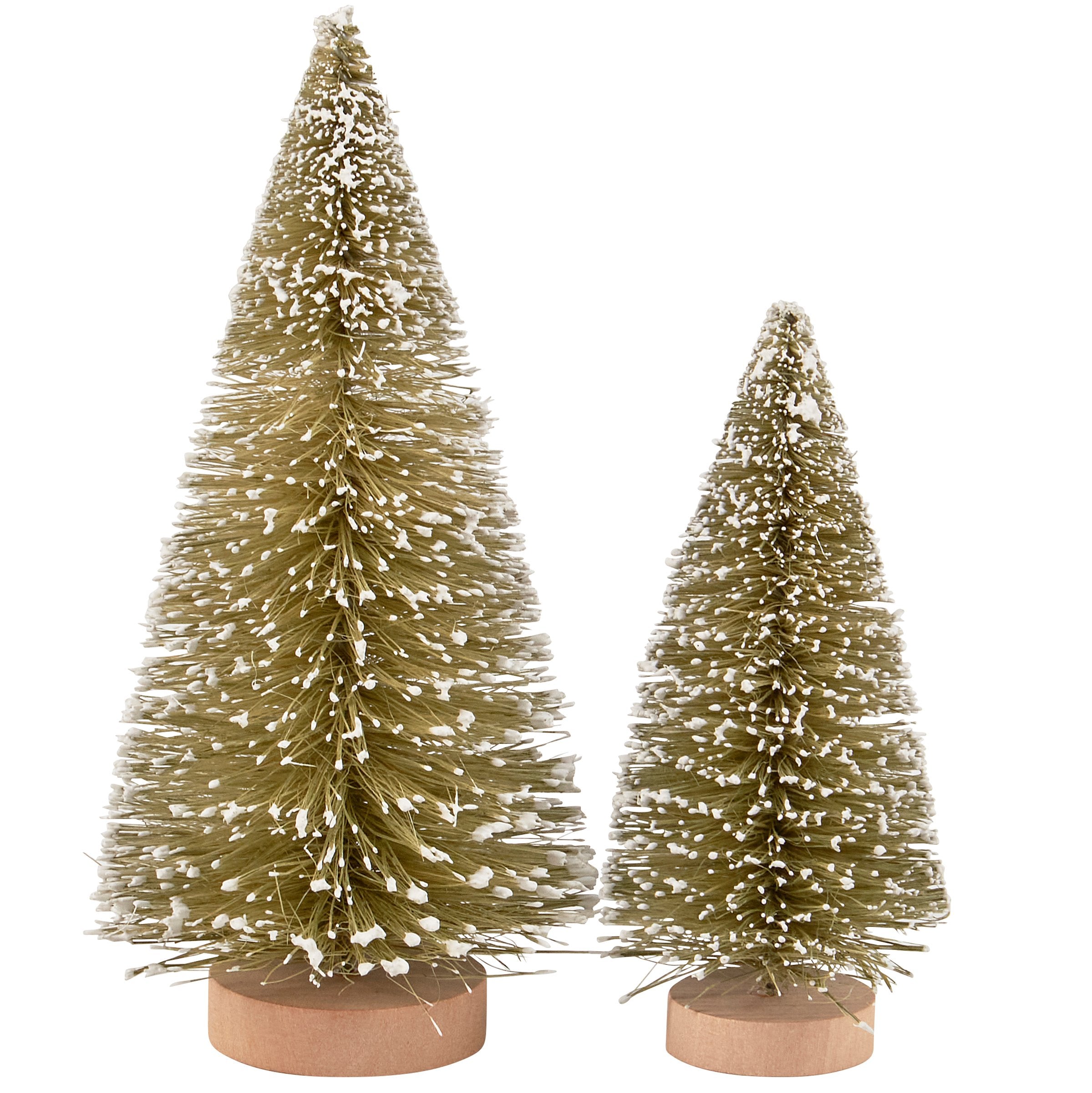 Delightful Frosted Green Bottle Brush Tree Set - Snowy Christmas Decor Accents