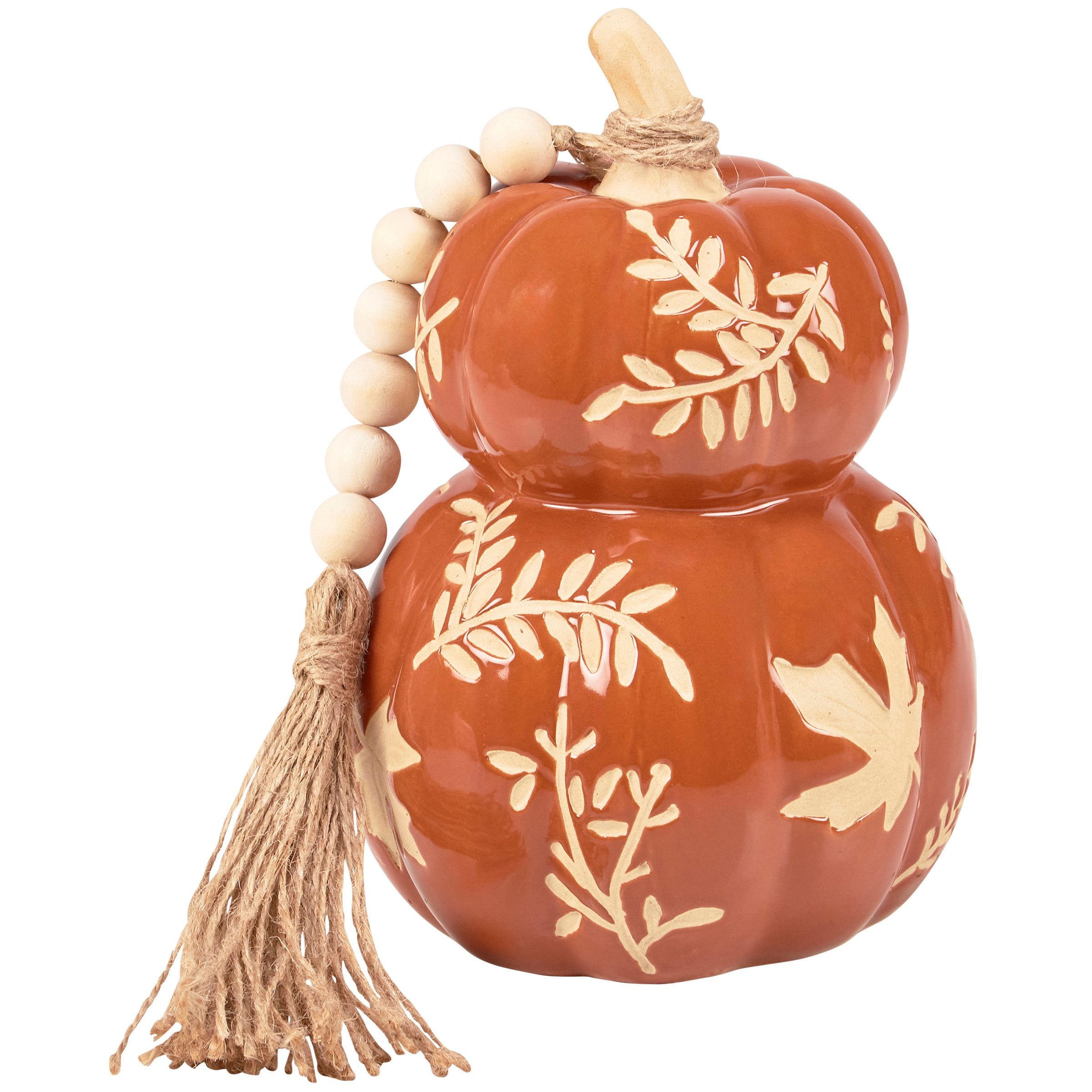 Rustic Orange Leaf Ceramic Pumpkin Stack: Fall Harvest Decorative Home Accent