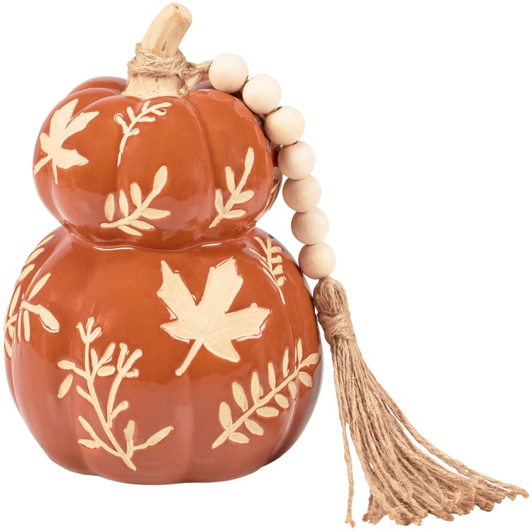 Rustic Orange Leaf Ceramic Pumpkin Stack: Fall Harvest Decorative Home Accent