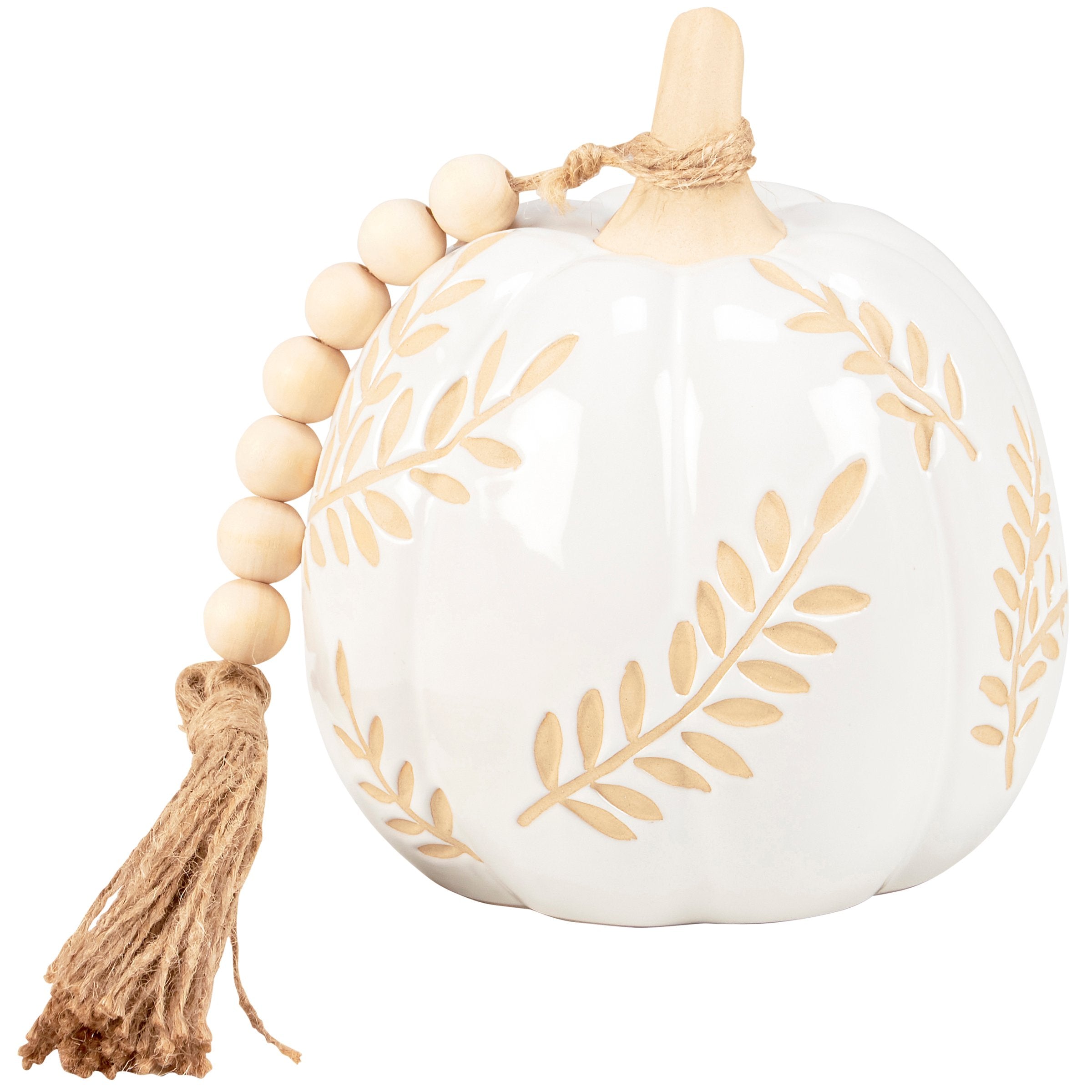 Small White Leaves Ceramic Pumpkin with Wood Beads & Jute Tassel