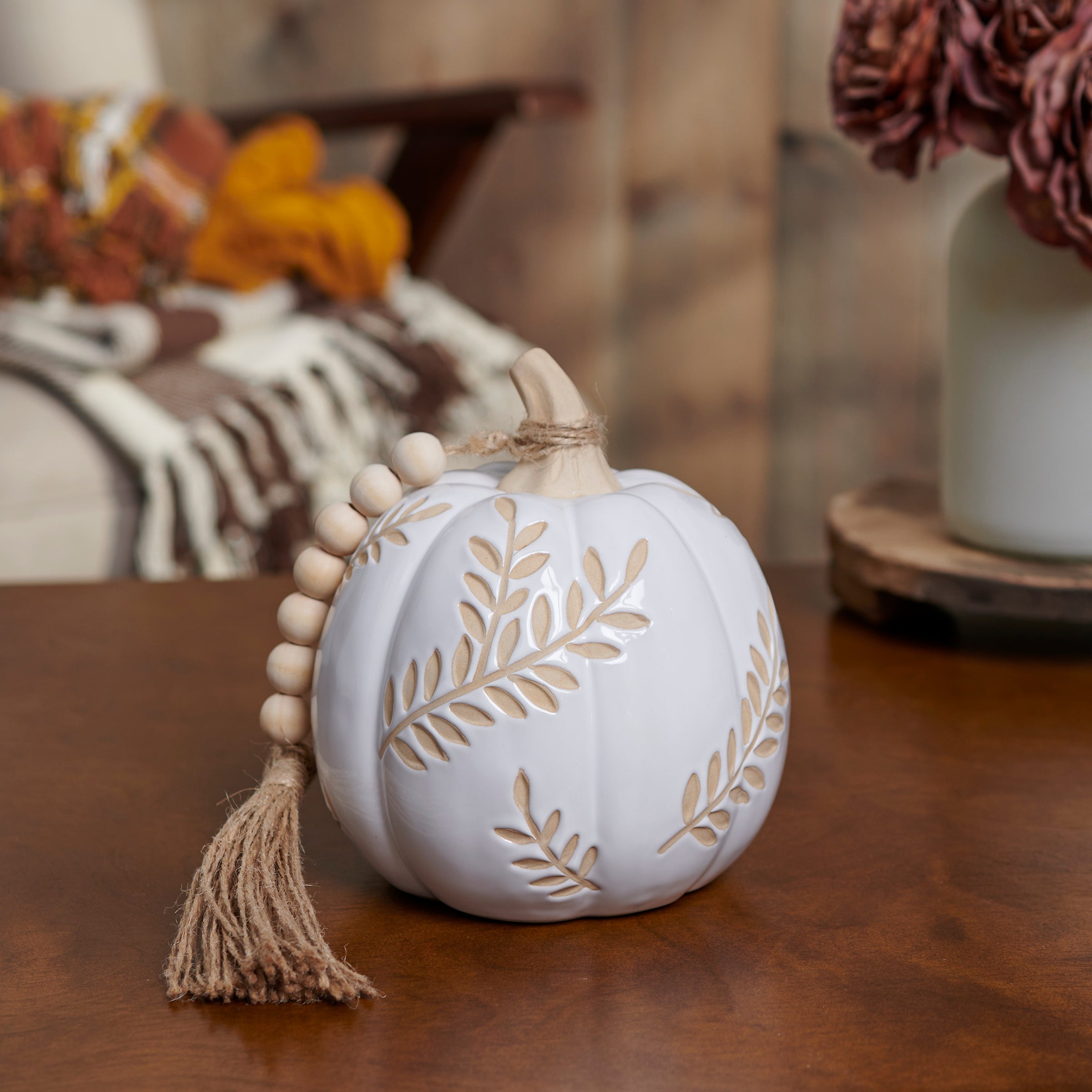 Small White Leaves Ceramic Pumpkin with Wood Beads & Jute Tassel